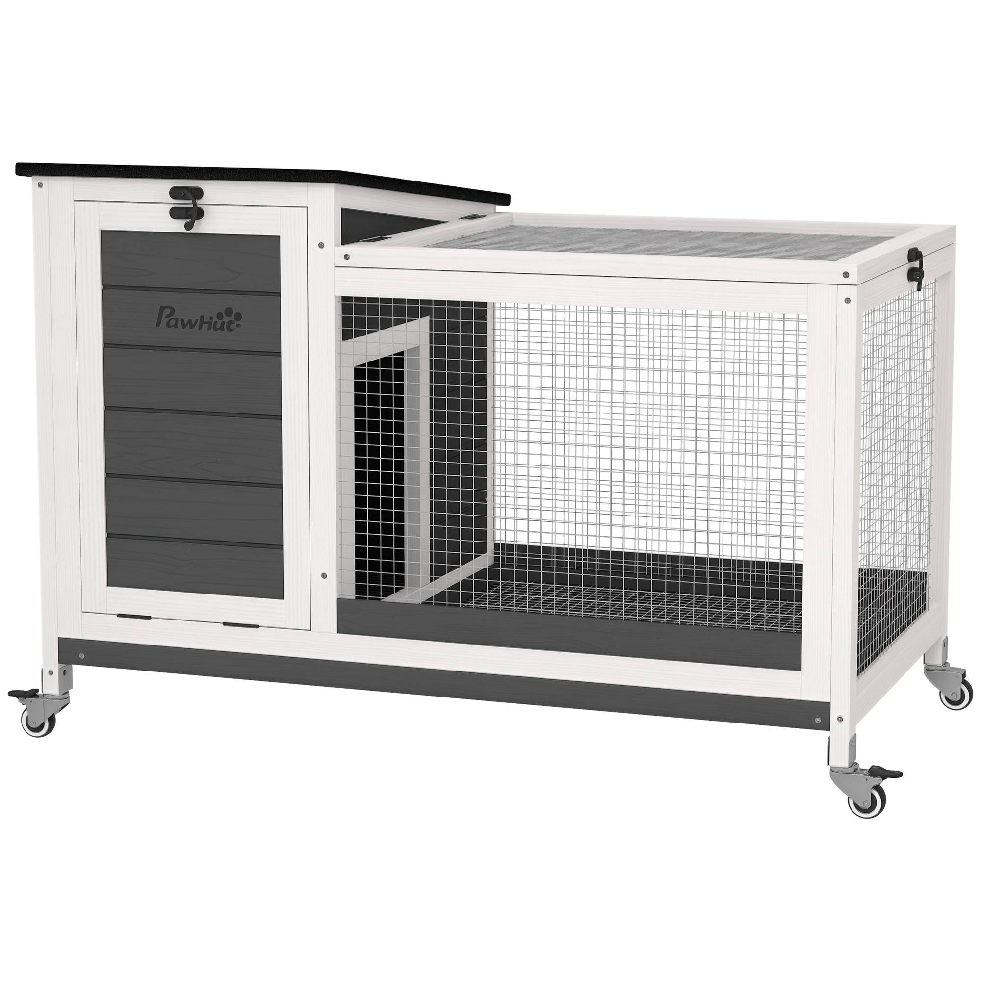 Cage lapins bois avec enclos, roues, toit ouvrant, intérieur/extérieur, 92 x 52 x 67 cm, gris foncé - Image 1