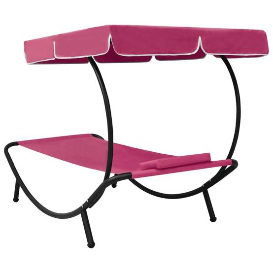 Helloshop26 - Lit de repos transat chaise longue d'extérieur 200 cm avec auvent et oreiller rose - Image 4