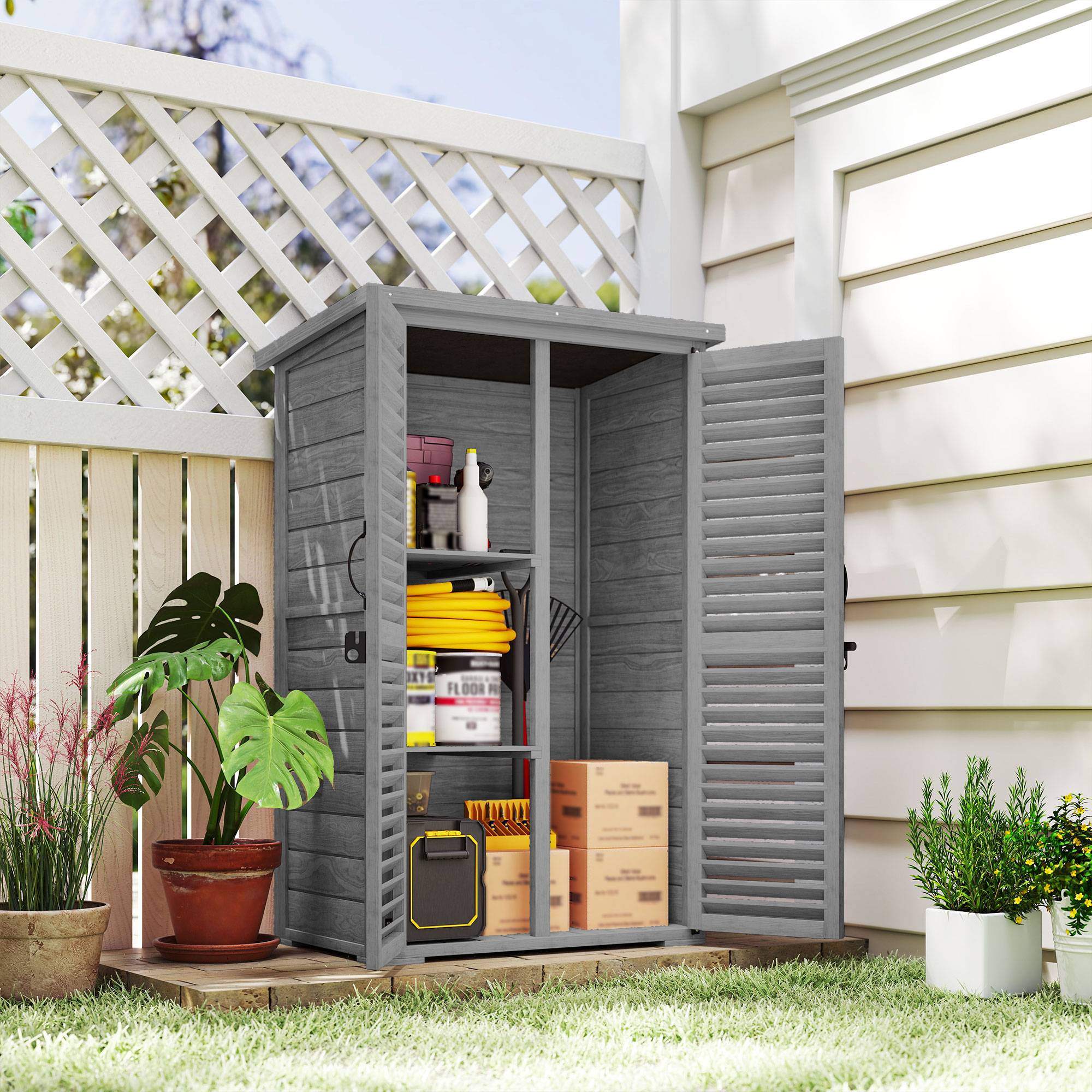 Armoire de Jardin Bois Sapin Outils Extérieur Portes Persiennes 75x50x118cm Gris - ComfortXL Outdoor Living - Image 4
