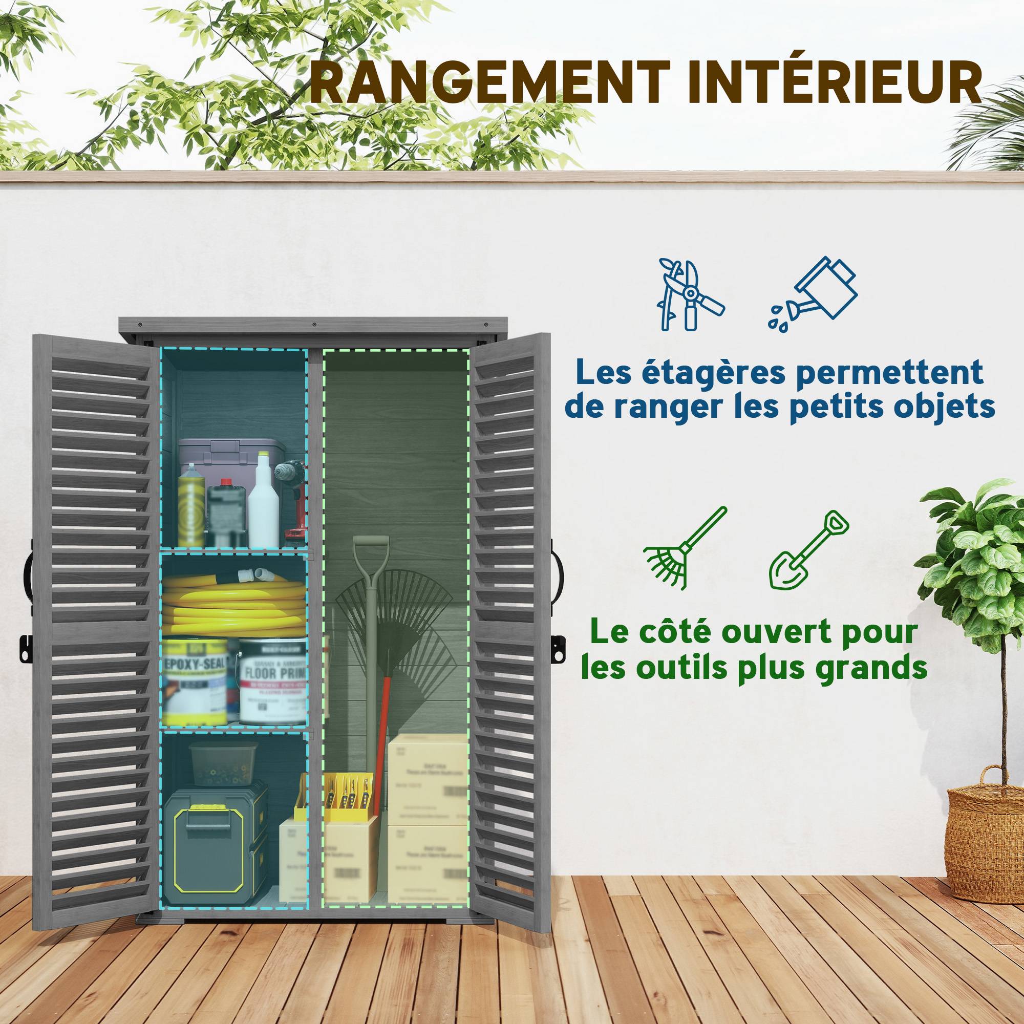 Armoire de Jardin Bois Sapin Outils Extérieur Portes Persiennes 75x50x118cm Gris - ComfortXL Outdoor Living - Image 6