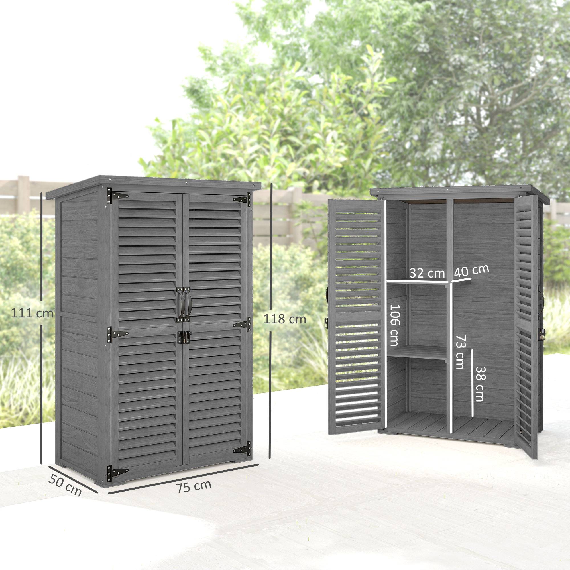 Armoire de Jardin Bois Sapin Outils Extérieur Portes Persiennes 75x50x118cm Gris - ComfortXL Outdoor Living - Image 5
