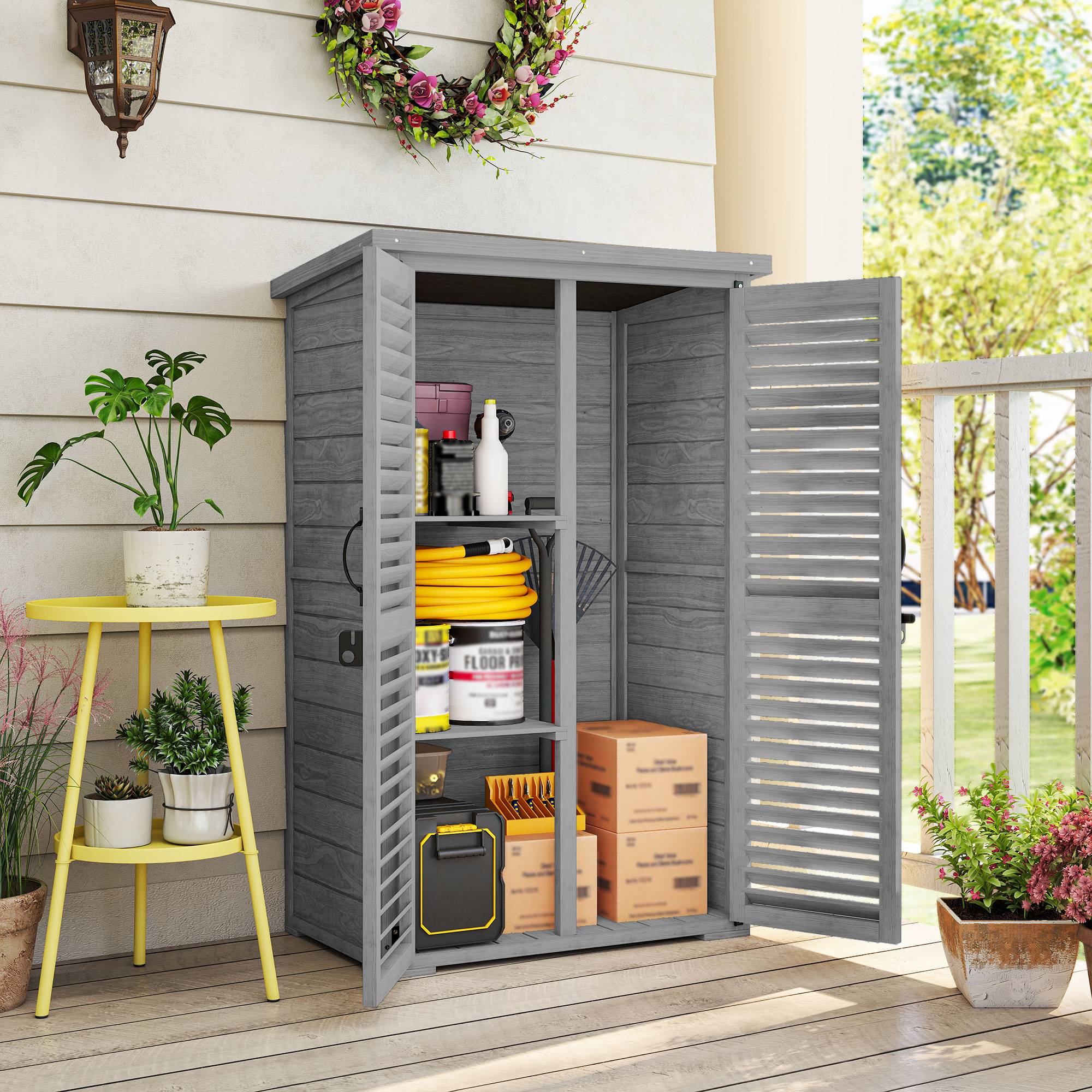Armoire de Jardin Bois Sapin Outils Extérieur Portes Persiennes 75x50x118cm Gris - ComfortXL Outdoor Living - Image 3