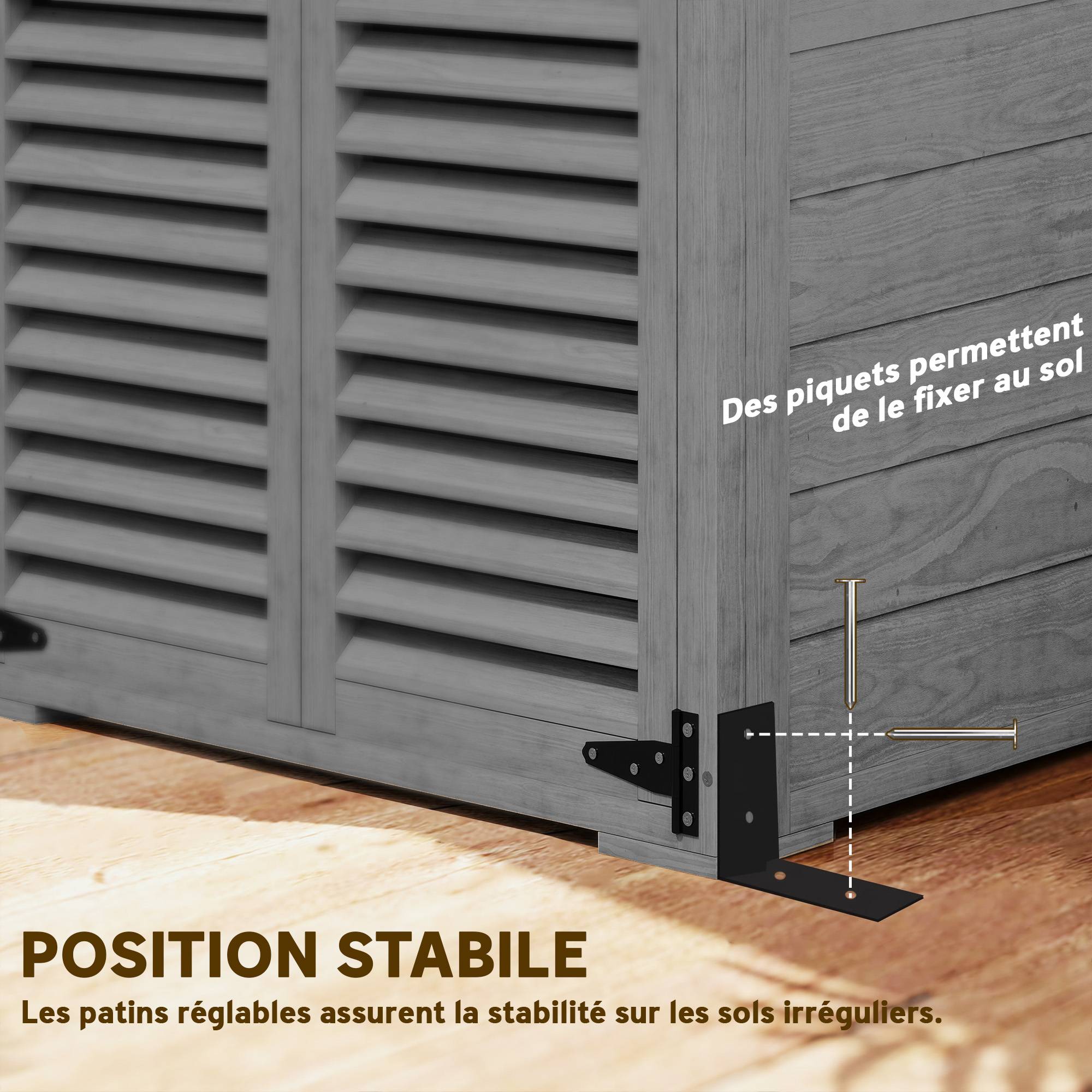 Armoire de Jardin Bois Sapin Outils Extérieur Portes Persiennes 75x50x118cm Gris - ComfortXL Outdoor Living - Image 8