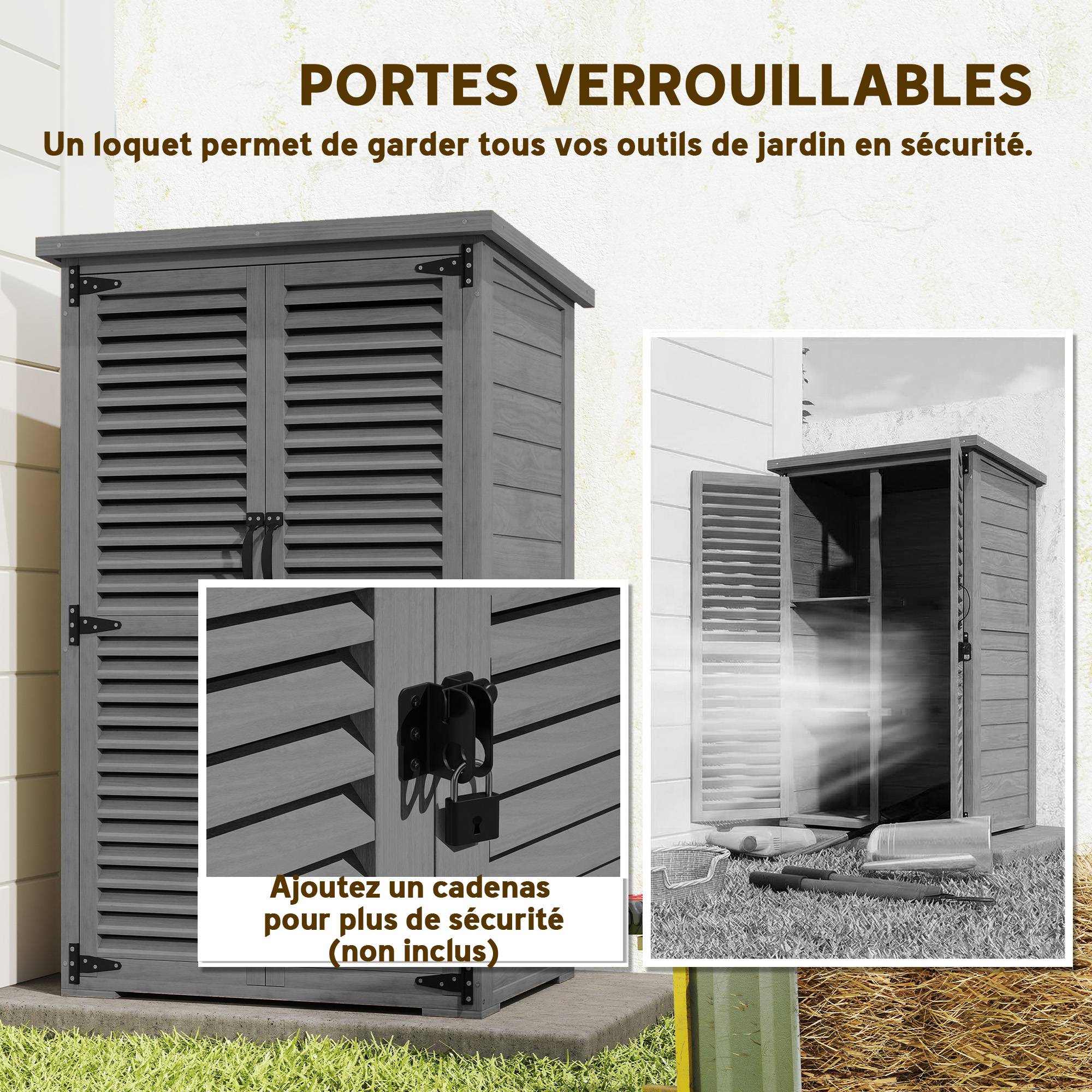 Armoire de Jardin Bois Sapin Outils Extérieur Portes Persiennes 75x50x118cm Gris - ComfortXL Outdoor Living - Image 9
