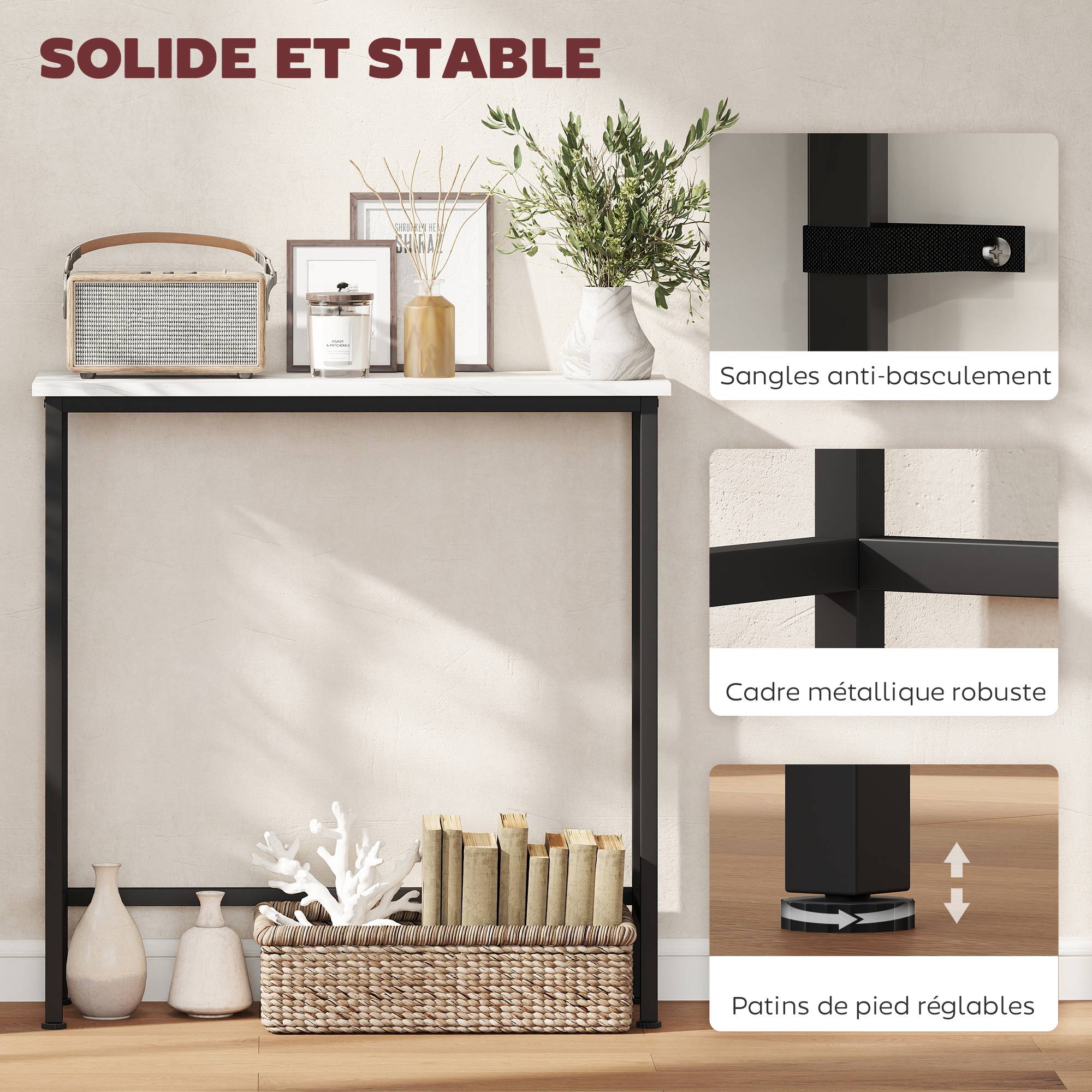 Console meuble 75 cm, table console plateaux en effet marbre, cadre en métal, style moderne blanc et noir - Image 7