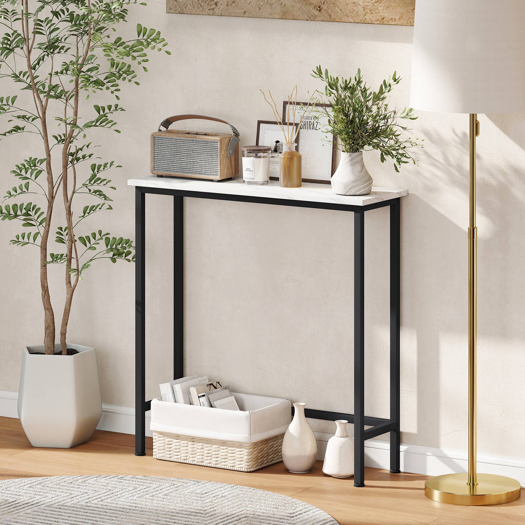 Console meuble 75 cm, table console plateaux en effet marbre, cadre en métal, style moderne blanc et noir - Image 9