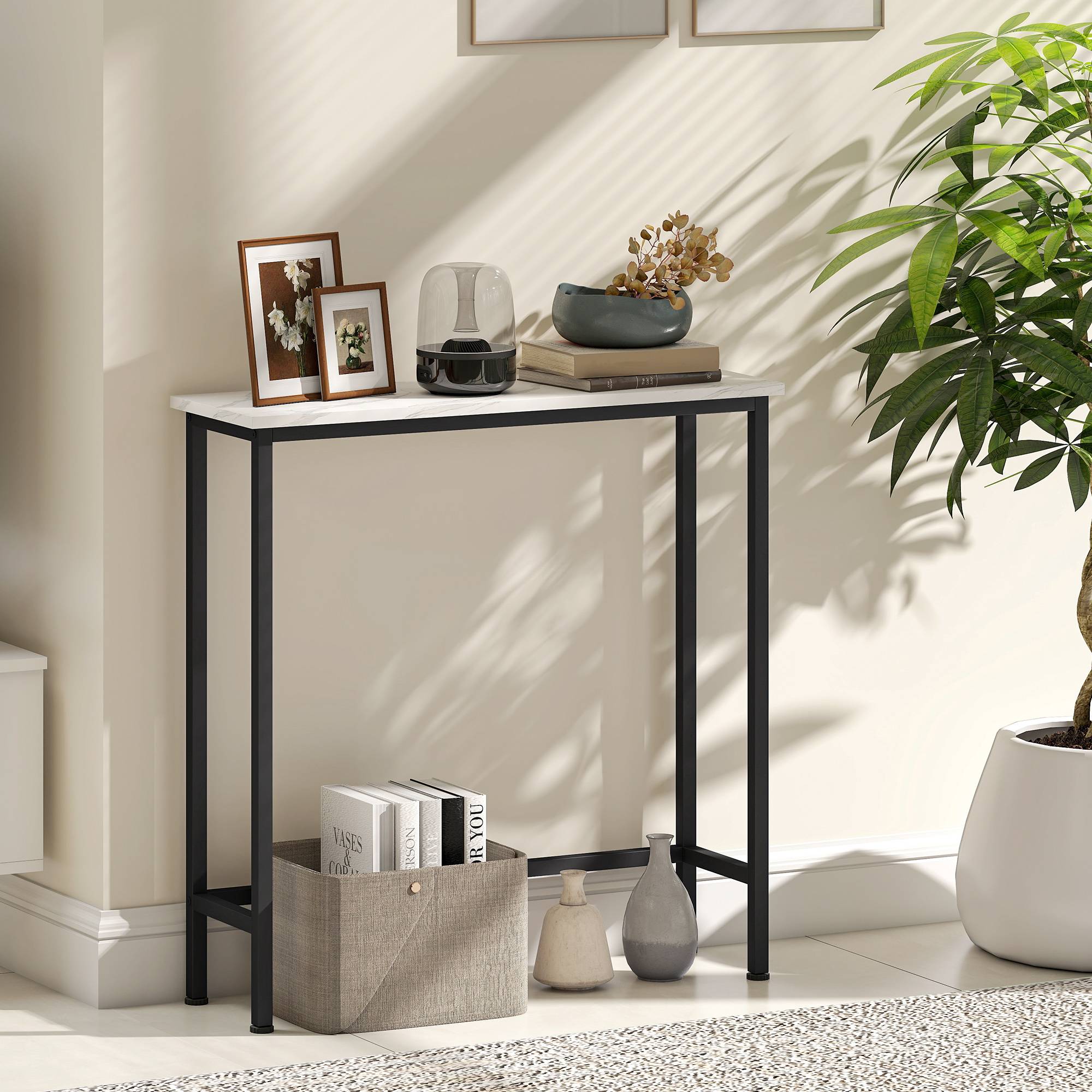 Console meuble 75 cm, table console plateaux en effet marbre, cadre en métal, style moderne blanc et noir - Image 8