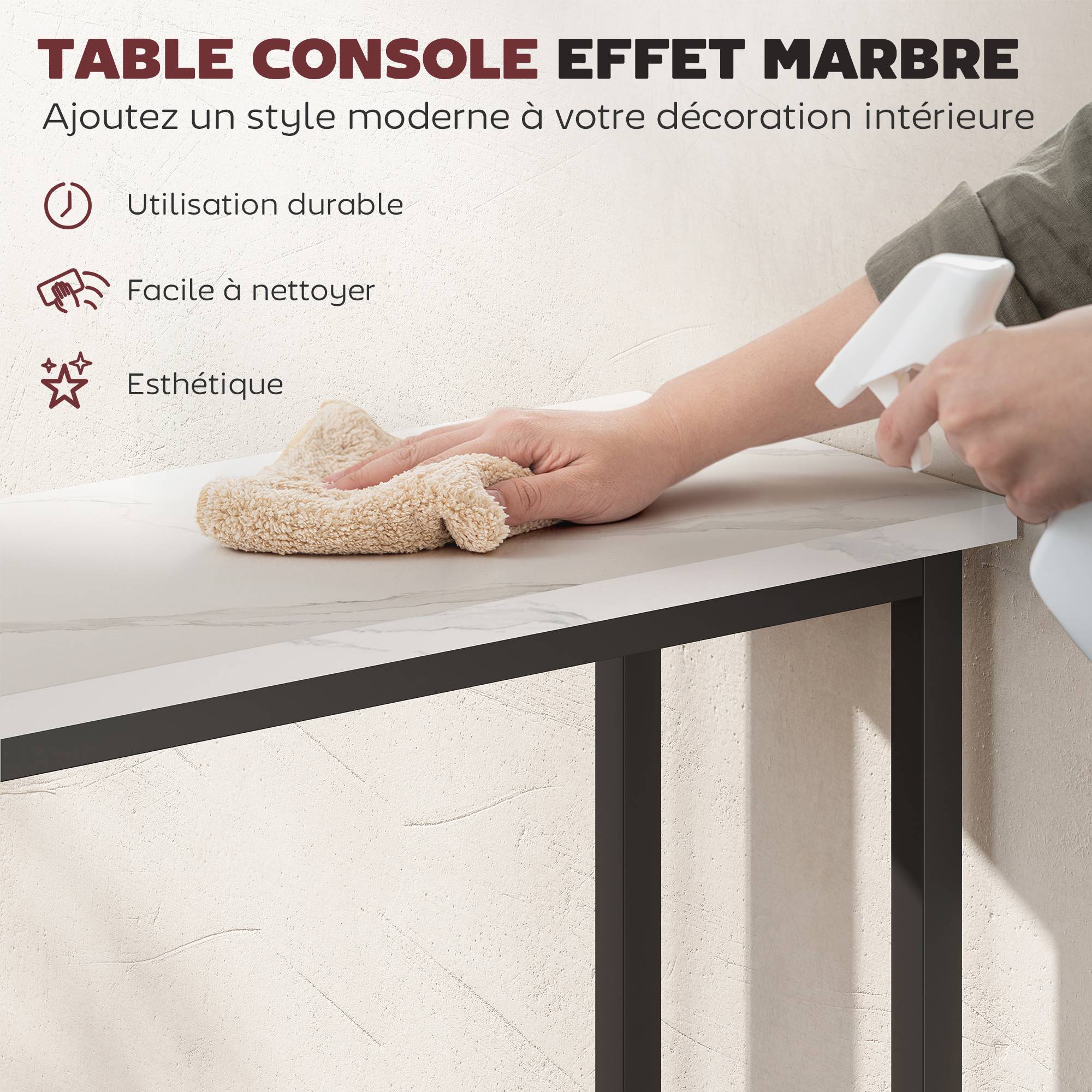 Console meuble 75 cm, table console plateaux en effet marbre, cadre en métal, style moderne blanc et noir - Image 6