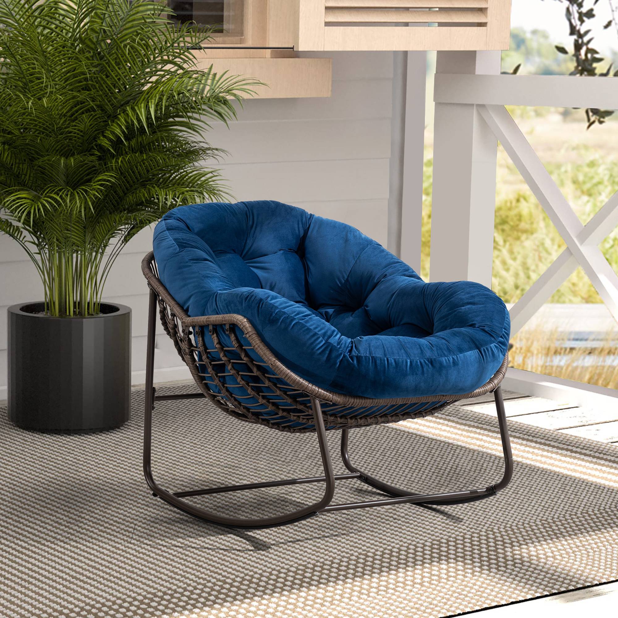 Fauteuil à Bascule Résine Tressée Jardin Terrasse Rocking Chair Oeuf Coussin Bleu Marine - ComfortXL Outdoor Living - Image 1
