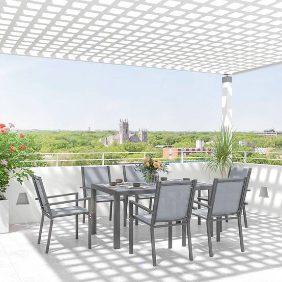ComfortXL - Salon de jardin extérieur en acier table bois synthétique 6 chaises gris - ComfortXL Outdoor Living - Image 4