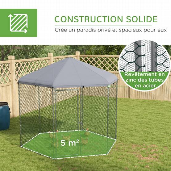 Enclos poulailler extérieur 5 m² parc grillagé dim. 2,8L x 2,45l x 2,46H - espace couvert - 5/8 poules - Image 8
