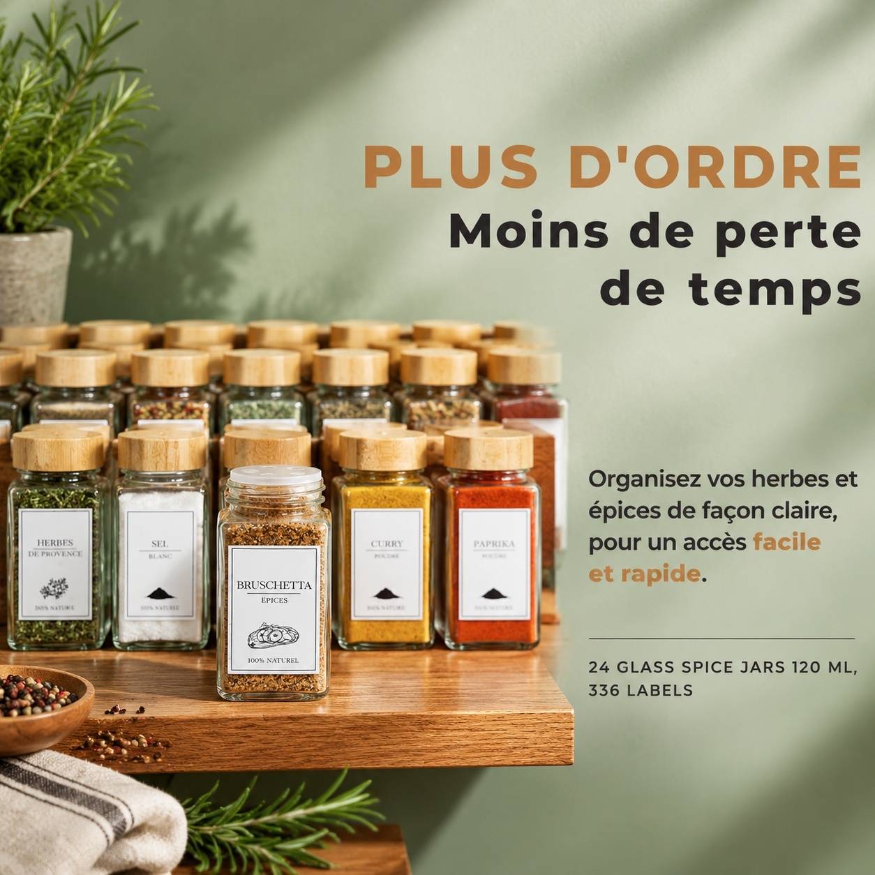 24 Pots à Épices en Verre avec Étiquettes pour Organisation de Cuisine - Image 3