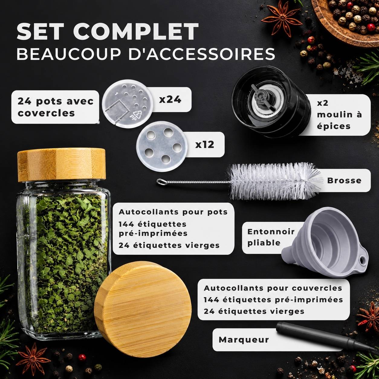 24 Pots à Épices en Verre avec Étiquettes pour Organisation de Cuisine - Image 2