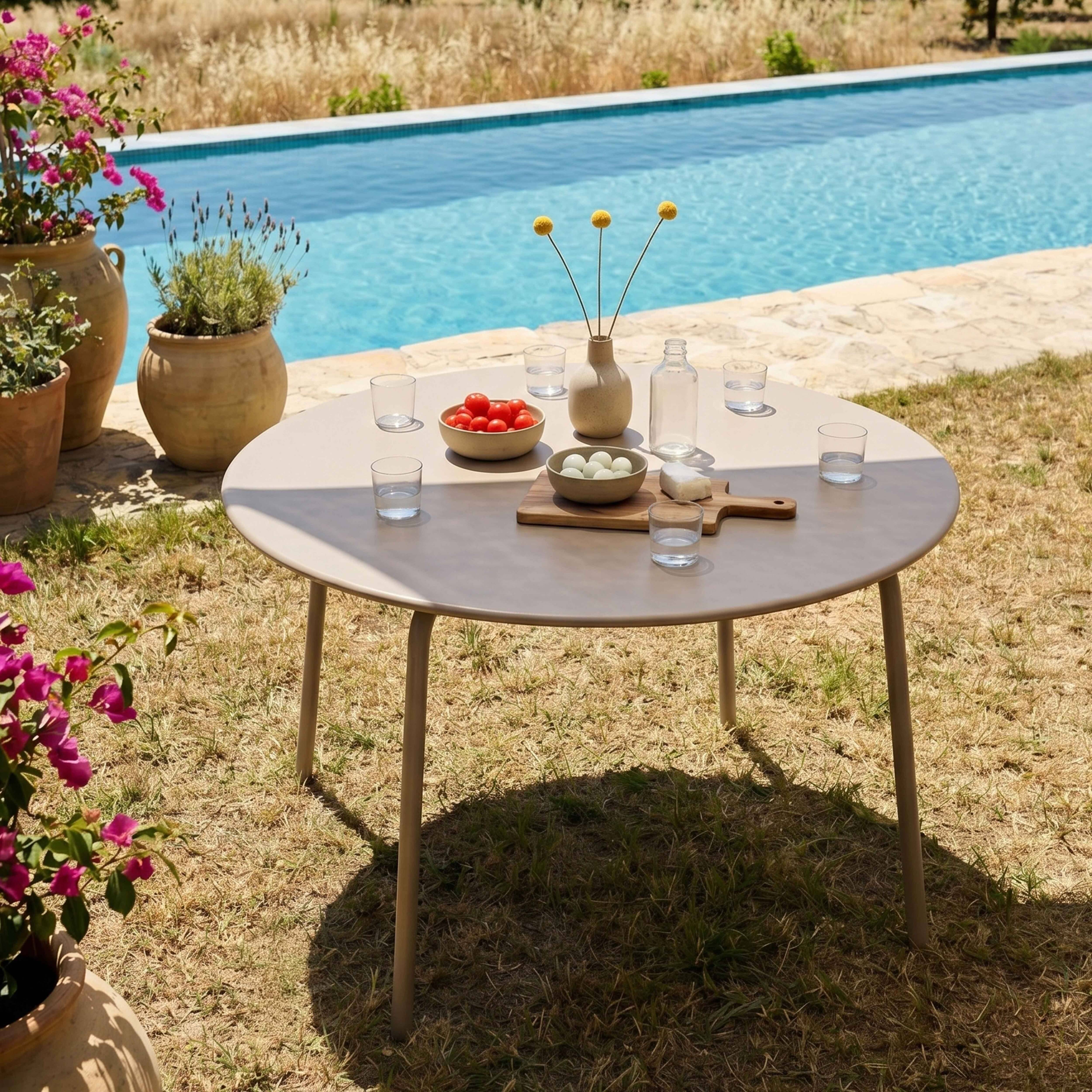 Oviala - Ensemble table de jardin ronde et 6 fauteuils acier taupe  Palavas - Oviala - Image 3