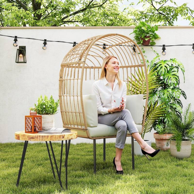 Fauteuil Œuf Résine Tressée Jardin Coussins Épais Beige 155cm - ComfortXL Outdoor Living - Image 1