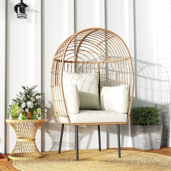 Fauteuil Œuf Résine Tressée Jardin Coussins Épais Beige 155cm - ComfortXL Outdoor Living - Image 8