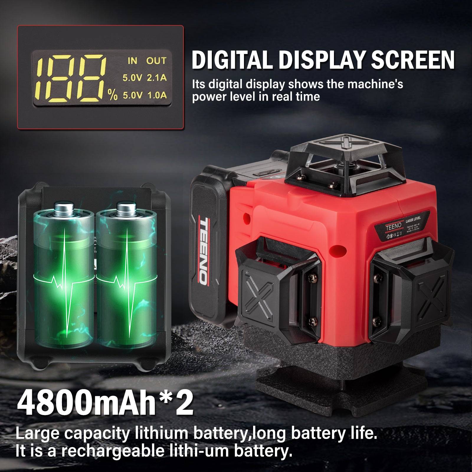 Teeno - Niveau laser vert 4D 16 lignes 360°, 4 niveaux, écran LCD, socle magnétique, 2 batteries 4800 mAh, télécommande et trépied inclus - Image 3