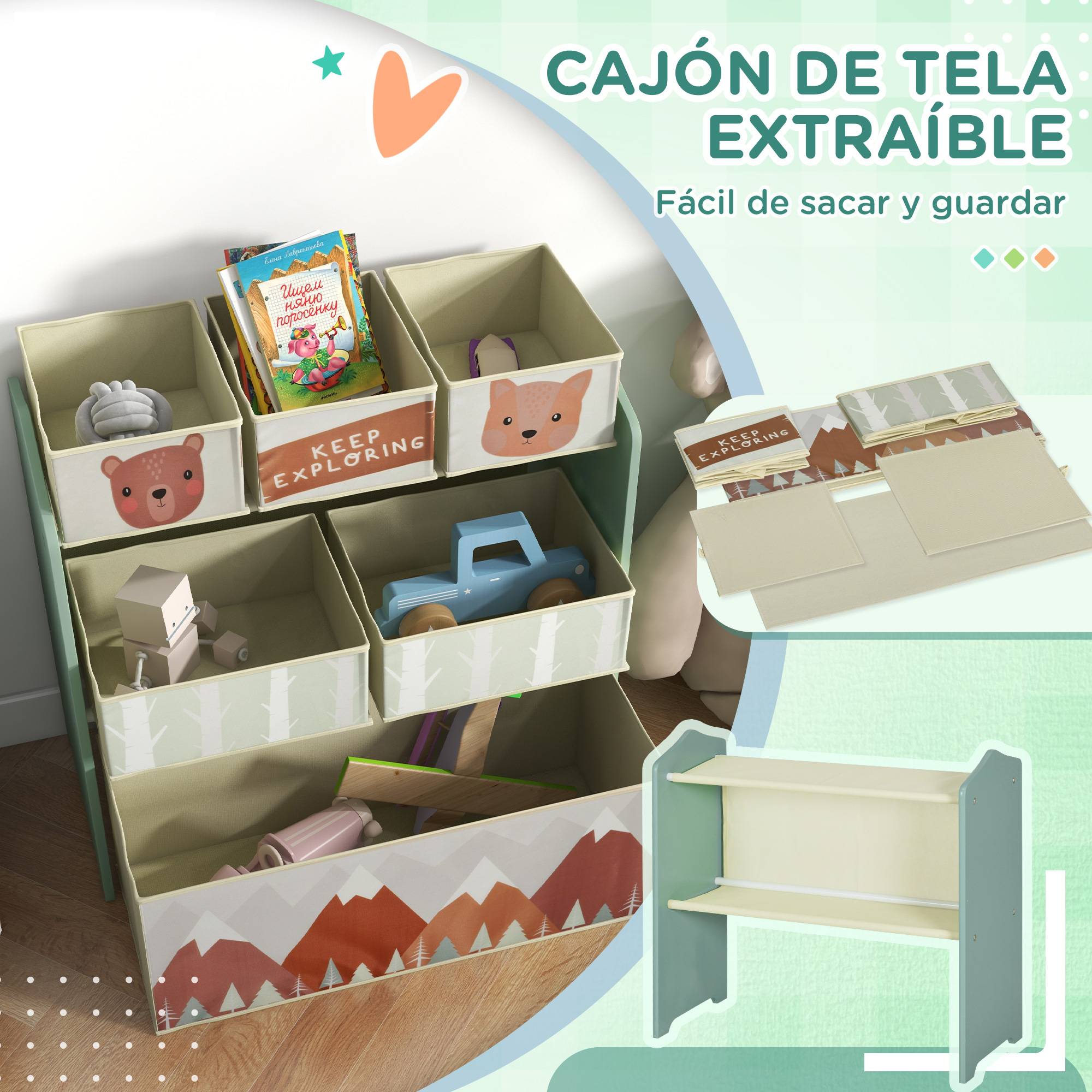 Rangement pour jouets d'enfants, étagère à jouets avec 6 bacs amovibles en tissu non tissé, 63 x 30 x 66 cm, vert - Image 7