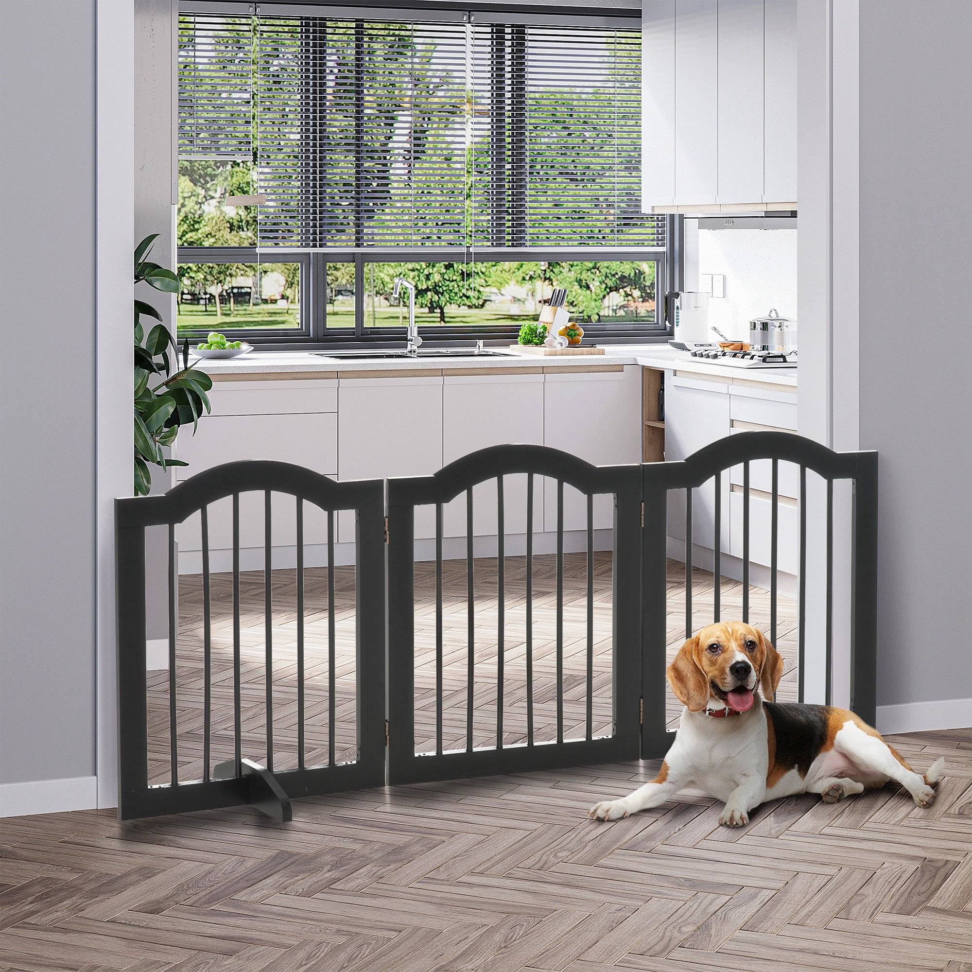 Sans Marque - Barrière pour chien 3 panneaux, 154,5x61 cm pliant avec porte, 2 pieds, autonome, pour cuisine, couloir, noir - Image 3