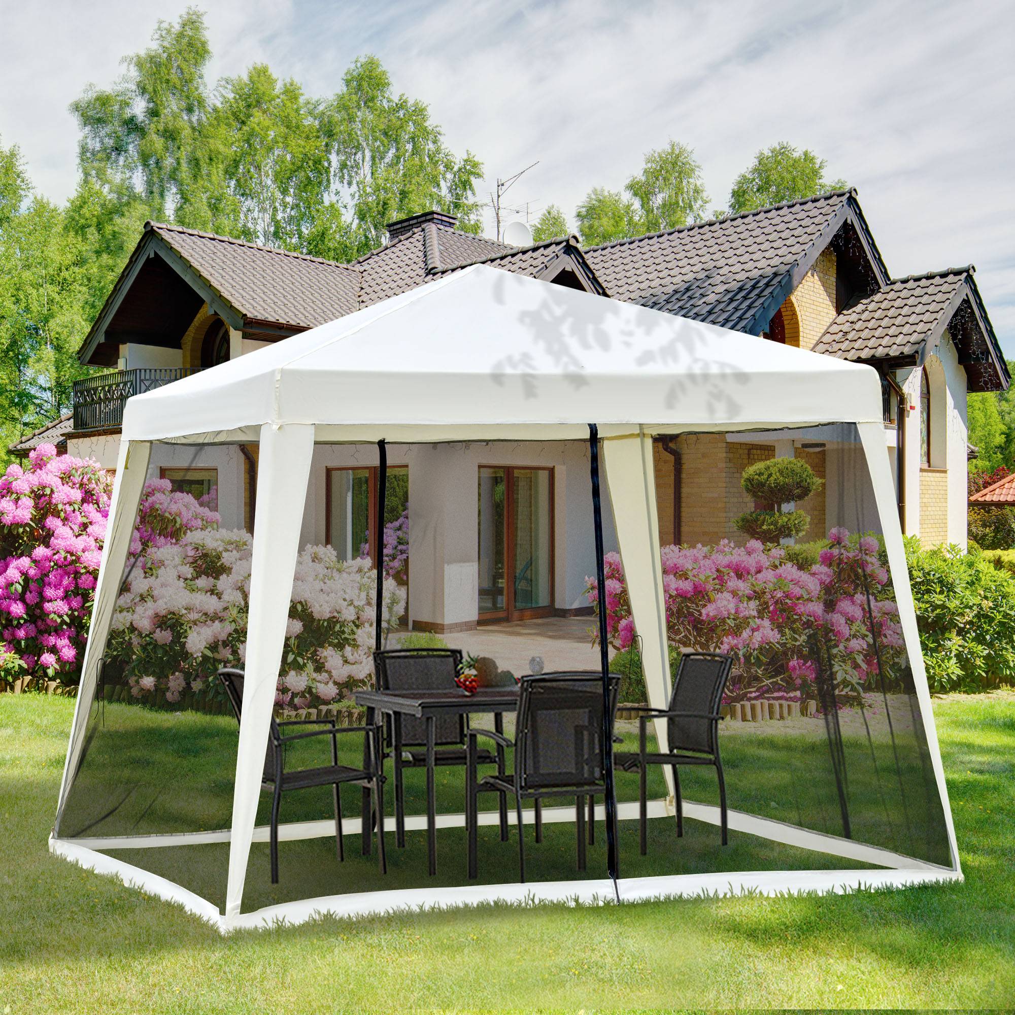 Gazebo 3 x 3 m blanc crème métal polyester imperméable avec moustiquaire pour fêtes de jardin - Image 2