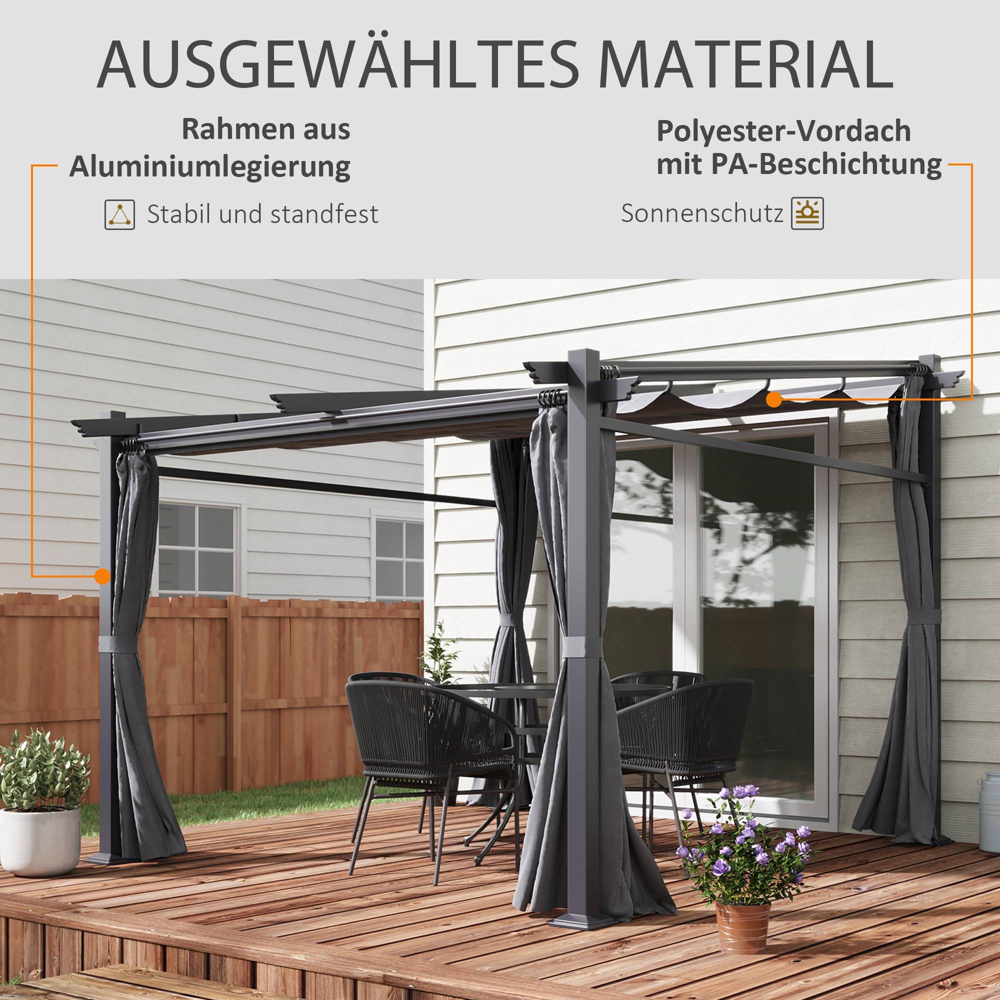Pergola 2,97x2,95 m gris foncé polyester hydrofuge, auvent solaire et panneaux latéraux pour patio - Image 4