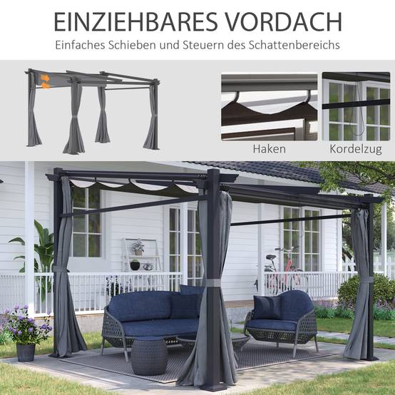 Pergola 2,97x2,95 m gris foncé polyester hydrofuge, auvent solaire et panneaux latéraux pour patio - Image 5