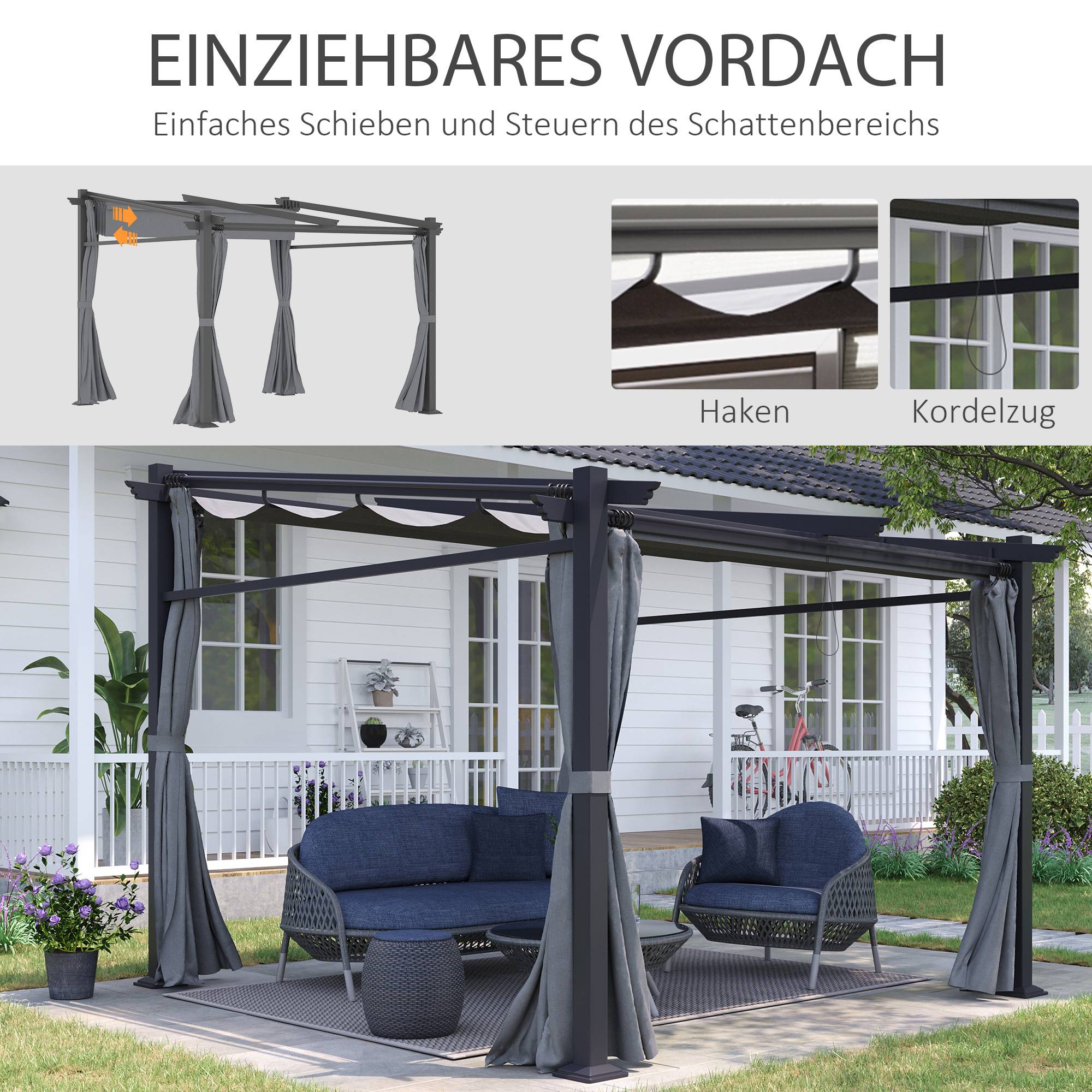 Pergola 2,97x2,95 m gris foncé polyester hydrofuge, auvent solaire et panneaux latéraux pour patio - Image 5