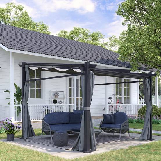 Pergola 2,97x2,95 m gris foncé polyester hydrofuge, auvent solaire et panneaux latéraux pour patio - Image 2