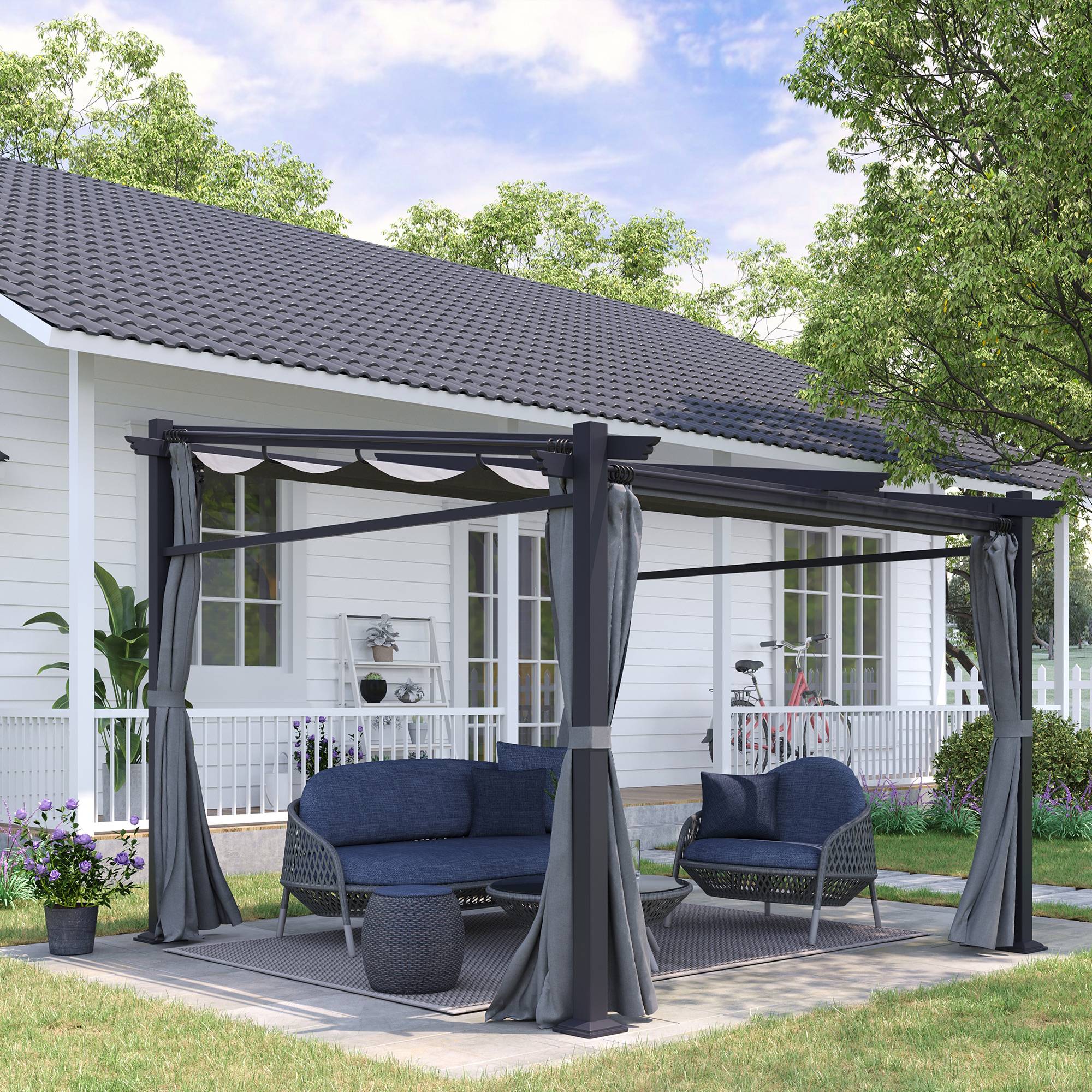 Pergola 2,97x2,95 m gris foncé polyester hydrofuge, auvent solaire et panneaux latéraux pour patio - Image 2