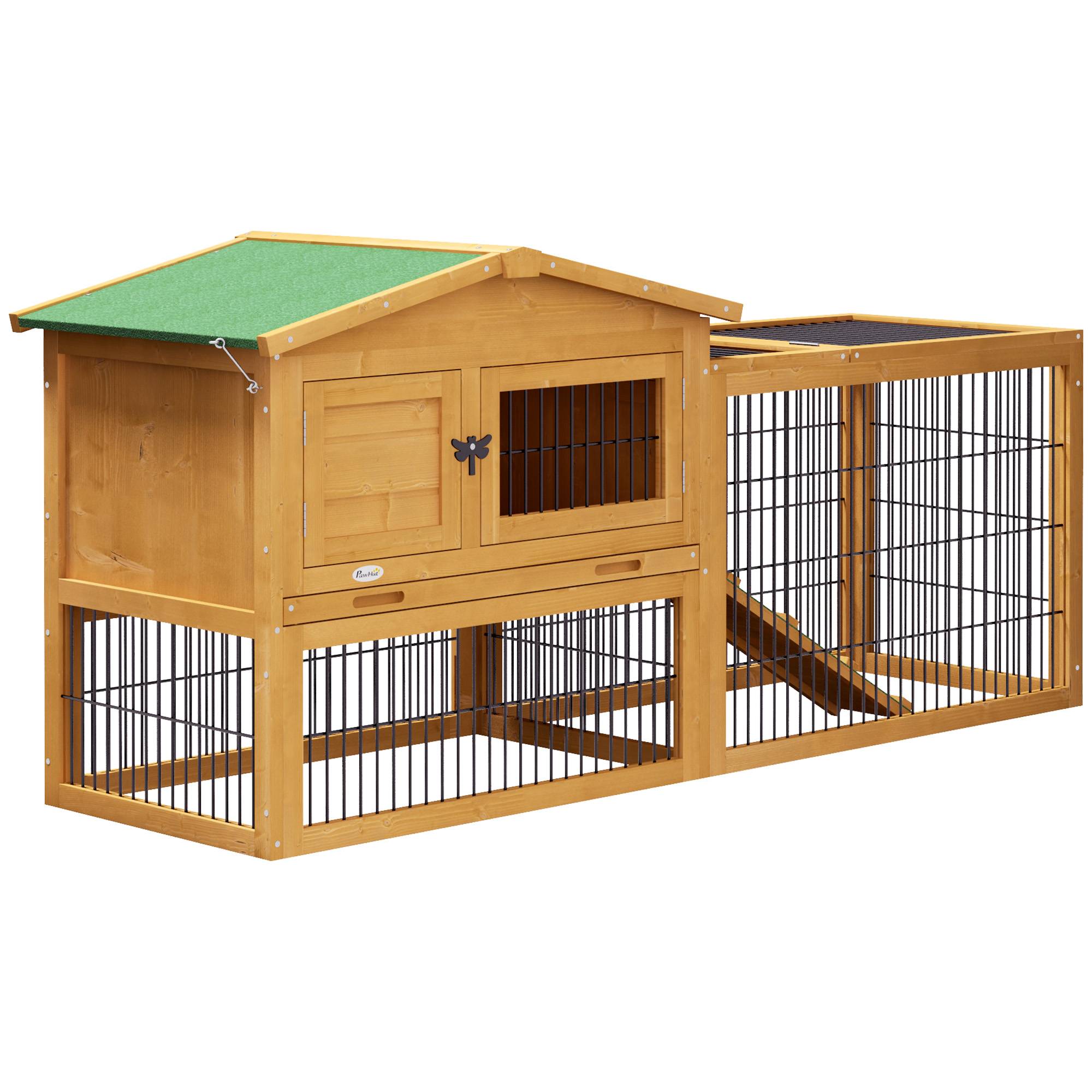 Cage lapins 2 niveaux, sapin, hiver, duplex avec enclos, rampe, 150 x 52 x 68 cm, jaune - Image 2