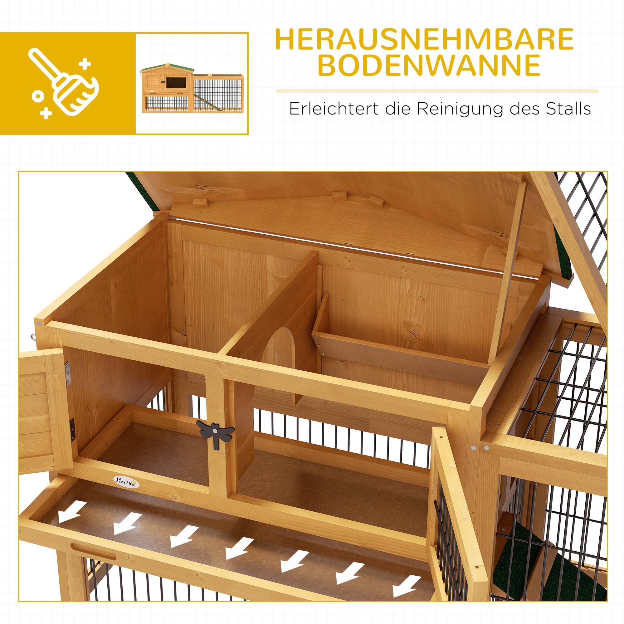 Cage lapins 2 niveaux, sapin, hiver, duplex avec enclos, rampe, 150 x 52 x 68 cm, jaune - Image 8