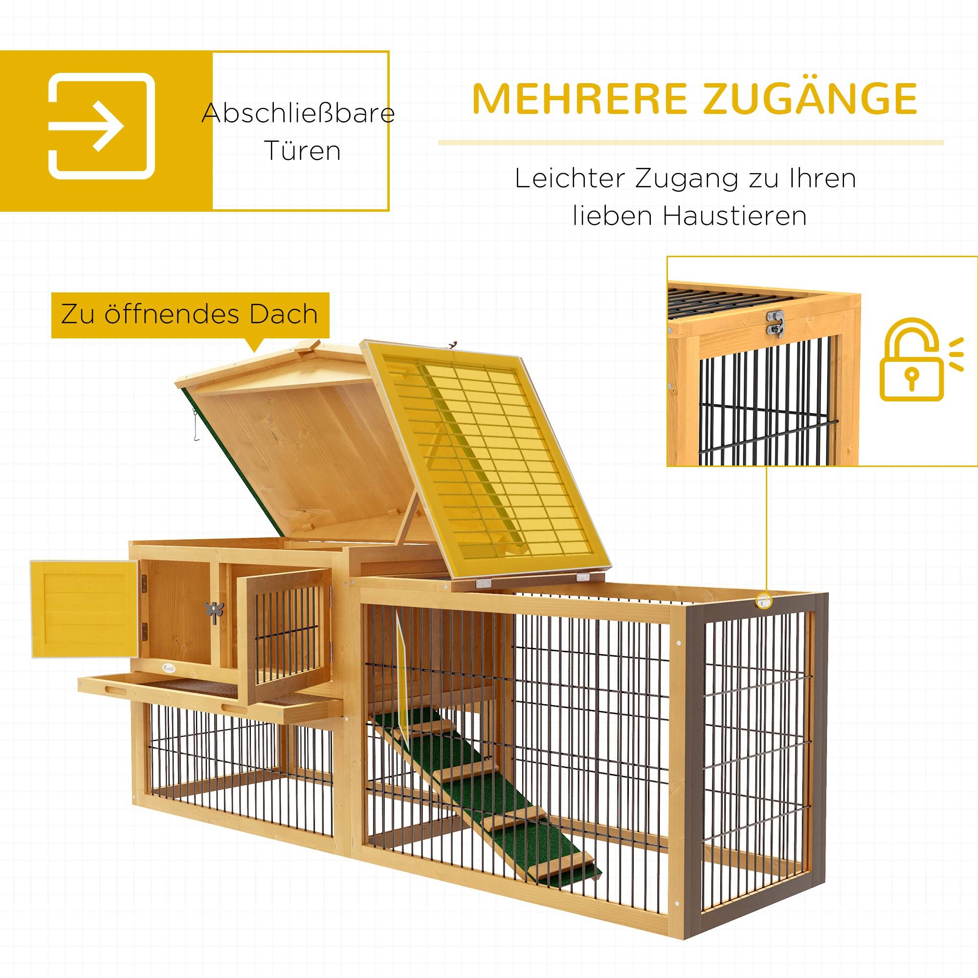 Cage lapins 2 niveaux, sapin, hiver, duplex avec enclos, rampe, 150 x 52 x 68 cm, jaune - Image 7