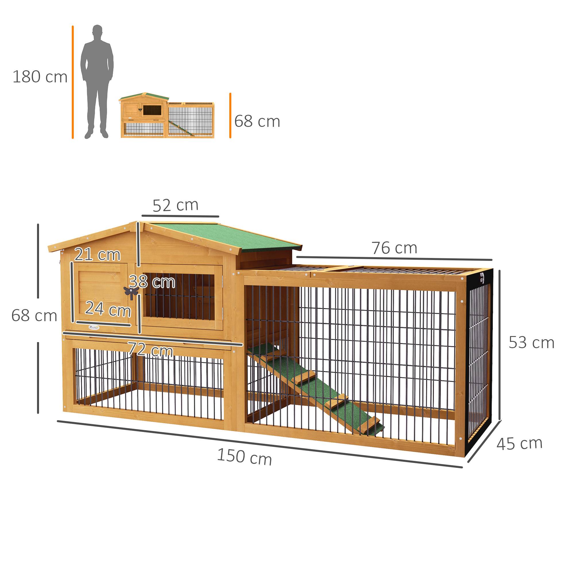 Cage lapins 2 niveaux, sapin, hiver, duplex avec enclos, rampe, 150 x 52 x 68 cm, jaune - Image 5