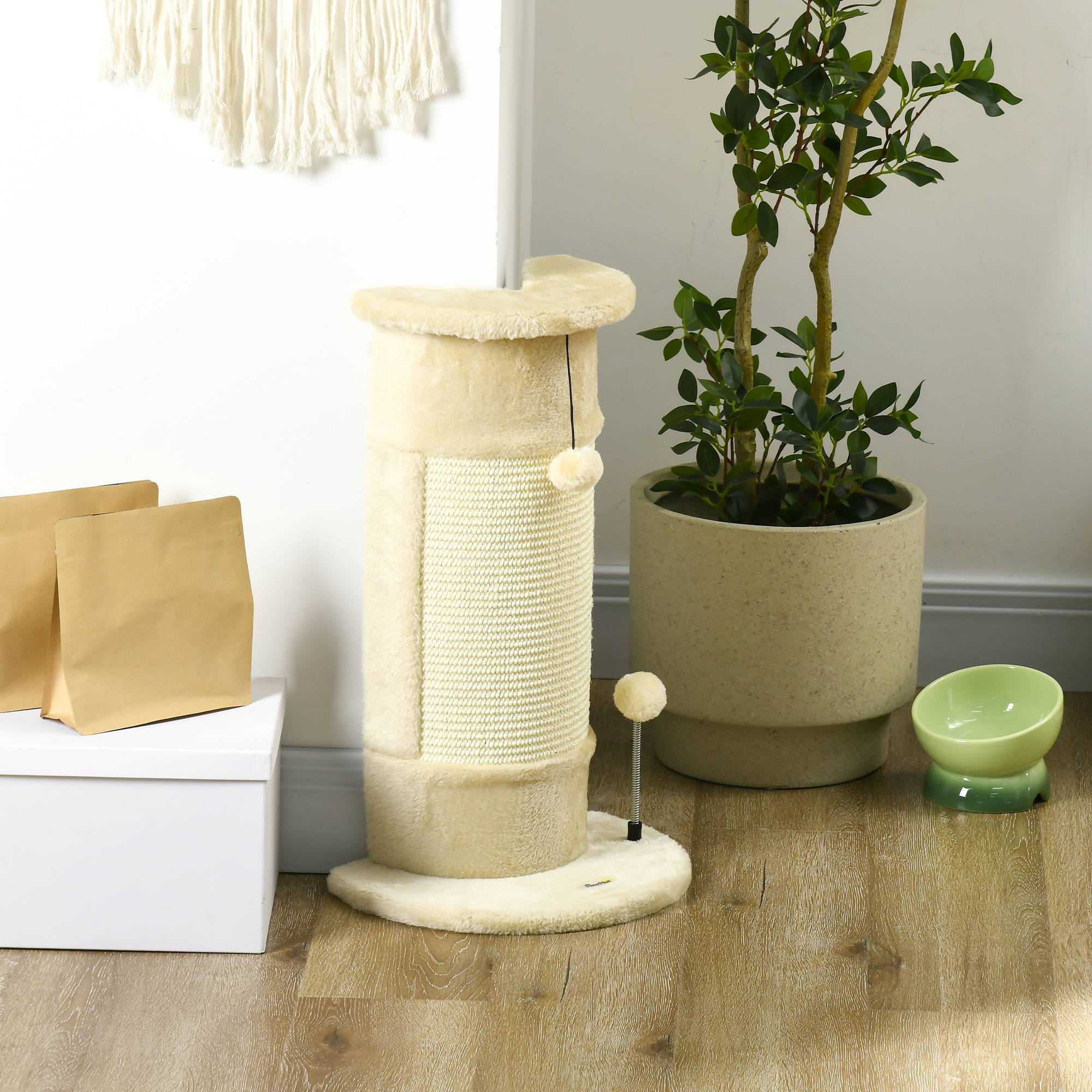 Arbre à chat pour chats jusqu'à 5 kg avec 2 balles en sisal et peluche, 34 x 25,5 x 58 cm, beige - Image 4