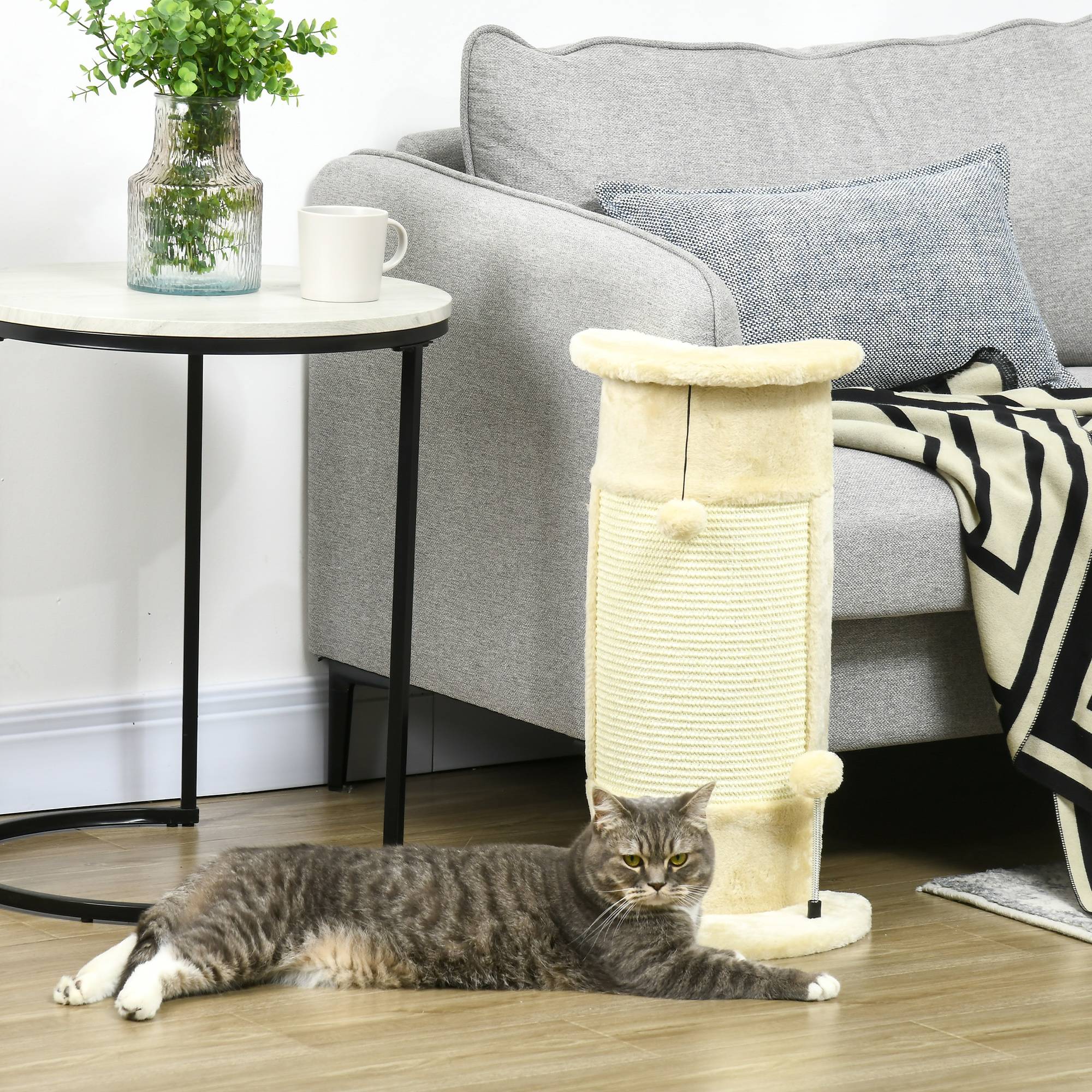 Arbre à chat pour chats jusqu'à 5 kg avec 2 balles en sisal et peluche, 34 x 25,5 x 58 cm, beige - Image 10
