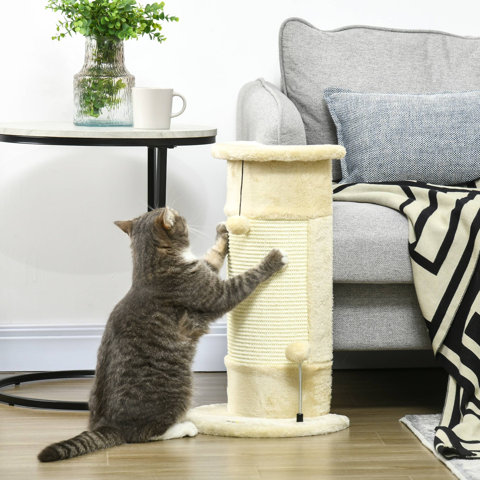 Arbre à chat pour chats jusqu'à 5 kg avec 2 balles en sisal et peluche, 34 x 25,5 x 58 cm, beige - Image 3