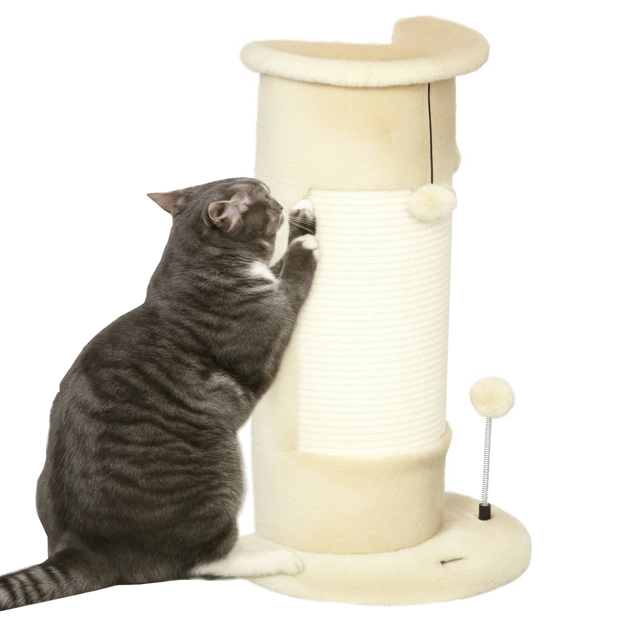 Arbre à chat pour chats jusqu'à 5 kg avec 2 balles en sisal et peluche, 34 x 25,5 x 58 cm, beige - Image 1