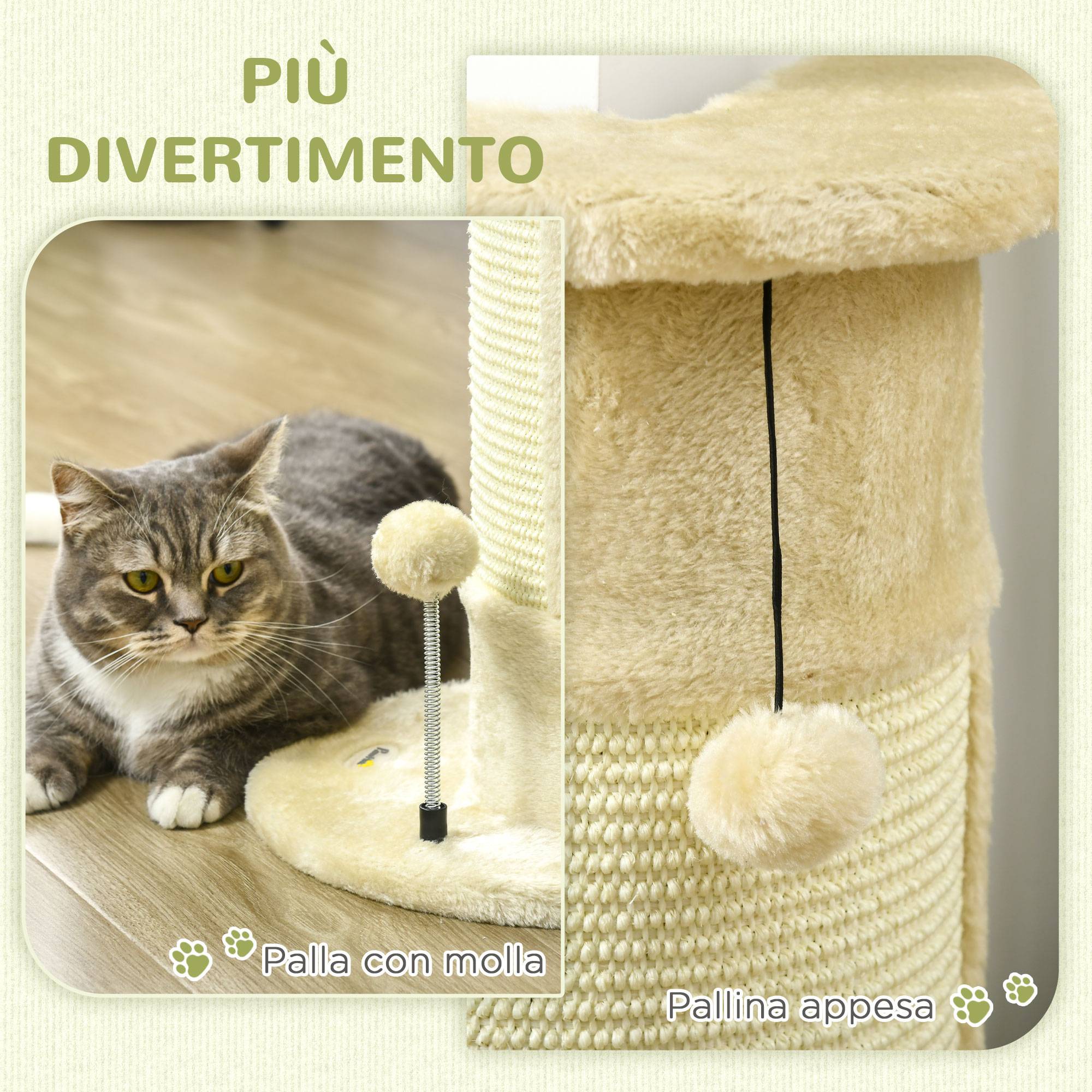 Arbre à chat pour chats jusqu'à 5 kg avec 2 balles en sisal et peluche, 34 x 25,5 x 58 cm, beige - Image 6