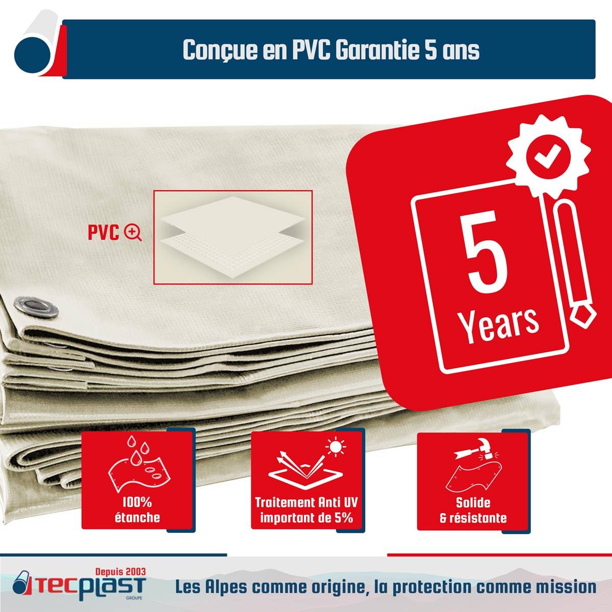 Bâche Jardin 4x4 m LP506JD Blanc Crème - Garantie 5 ans - Bâche PVC étanche - Résistance Anti-UV TECPLAST - Image 3