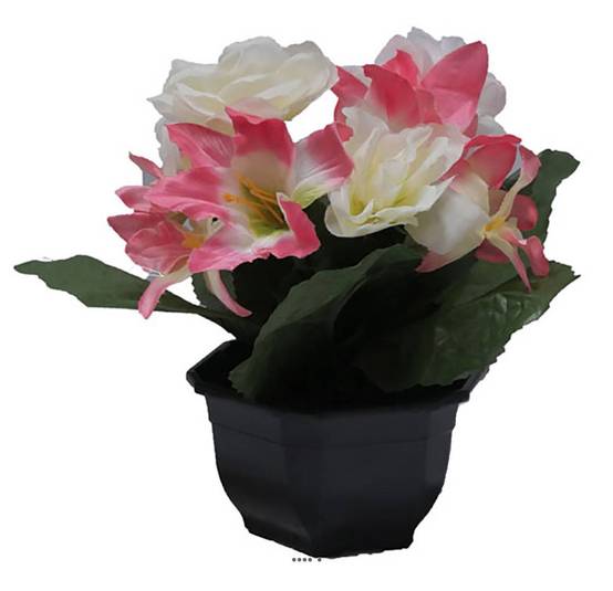 Vasque fleurs artificielles cimetière roses et lys H 28 cm D 25 cm Rose pâle - couleur: Rose pâle - Image 1