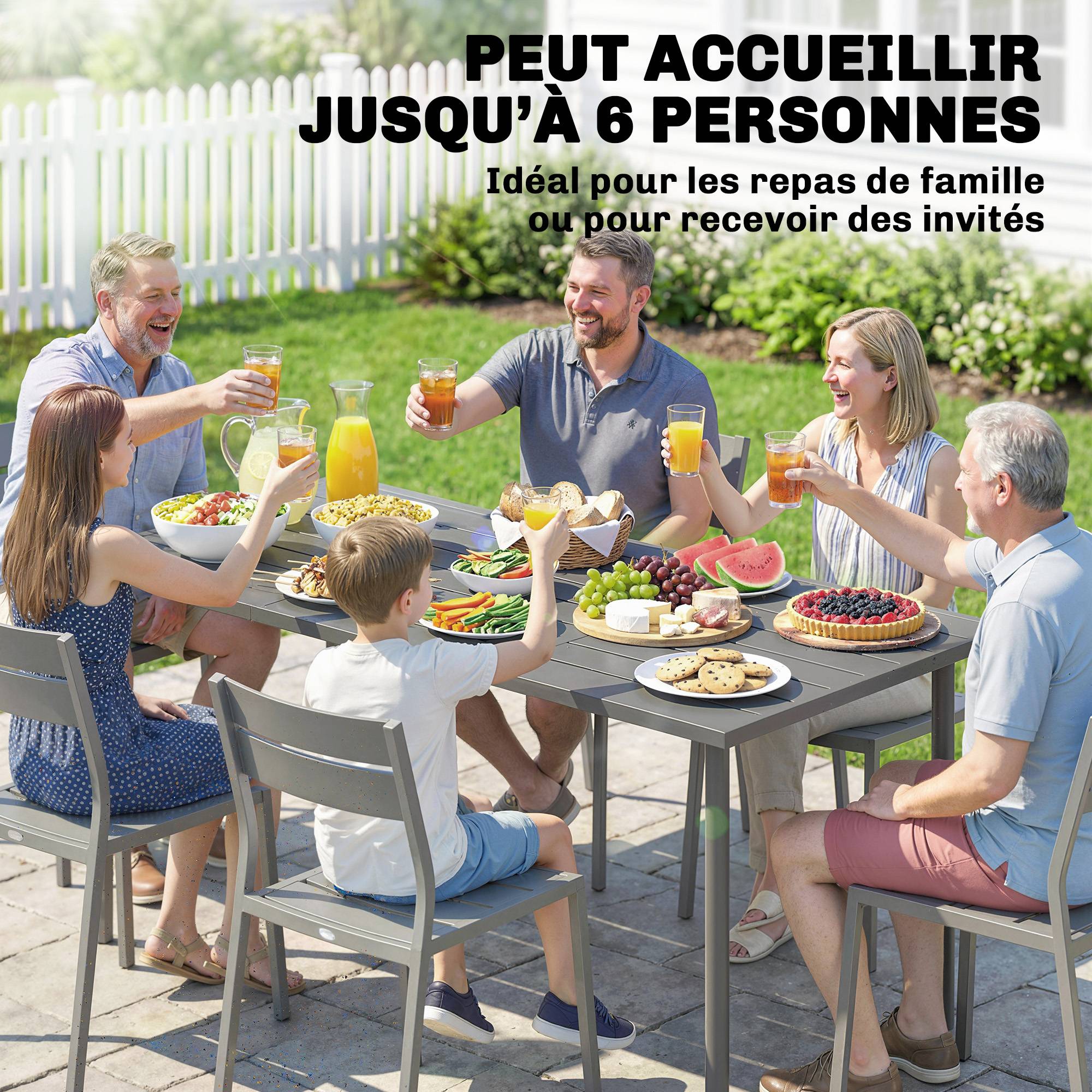 Sans Marque - Table de jardin pour 6 personnes, 165 x 80 cm, table à manger extérieure rectangulaire avec plateau à lattes en métal - Image 6