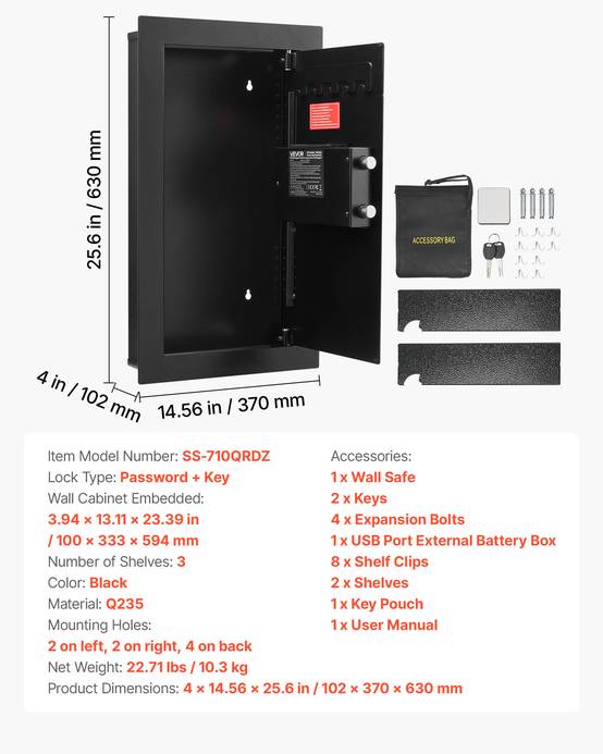 Vevor - VEVOR Coffre-fort mural encastrable 3 niveaux, acier 2,35 mm, ouverture par code et clé, boîtier secours USB, LED, 2 étagères réglables. - Image 6