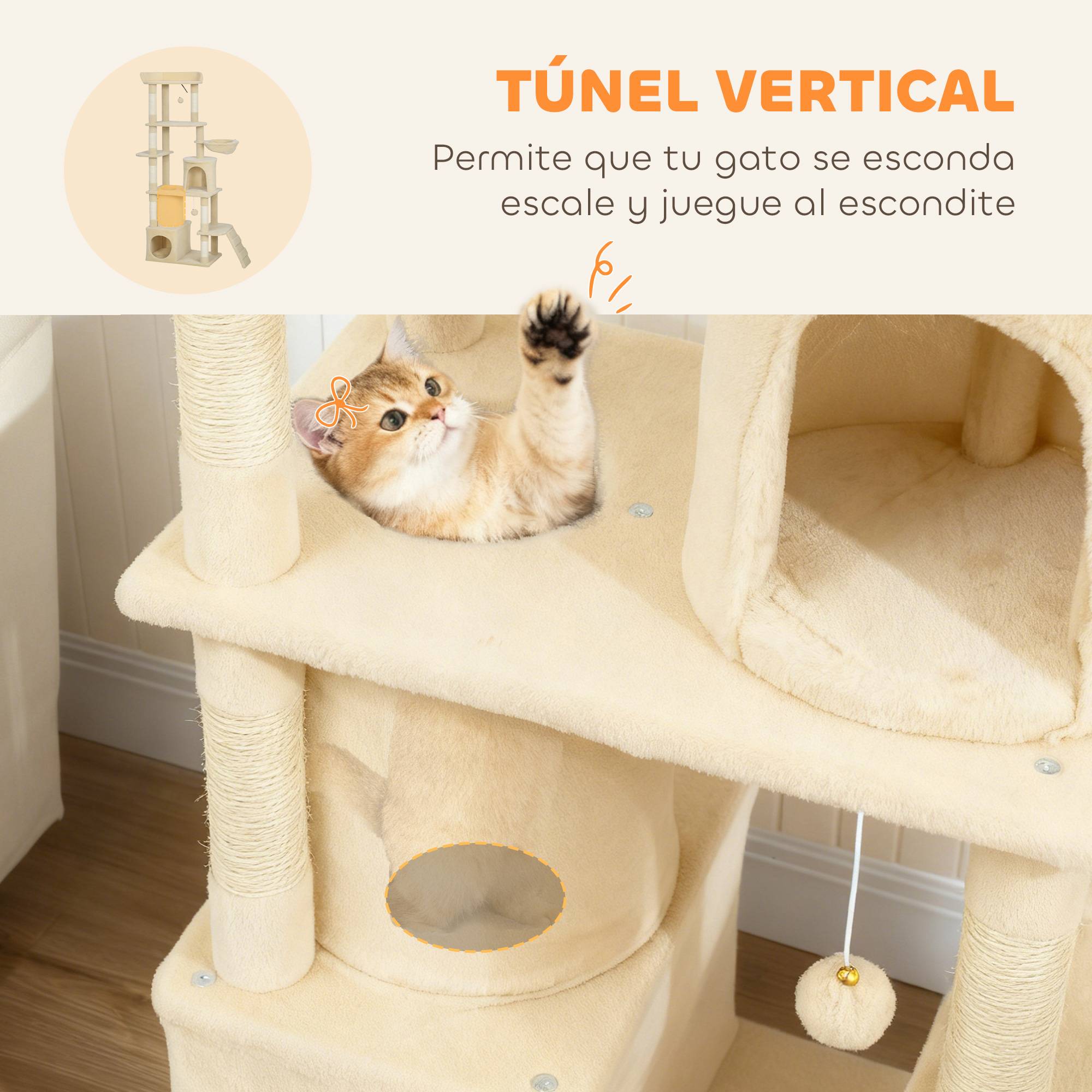 Arbre à Chat Géant 170 cm avec Tunnel et Hamac pour Plusieurs Chats Actifs Beige - ComfortXL Outdoor Living - Image 8