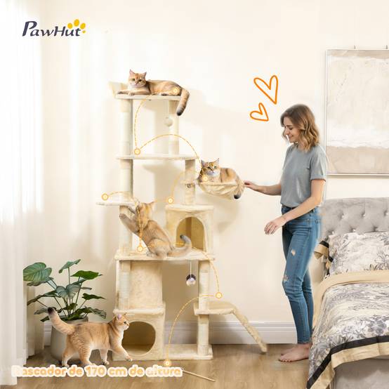 Arbre à Chat Géant 170 cm avec Tunnel et Hamac pour Plusieurs Chats Actifs Beige - ComfortXL Outdoor Living - Image 6