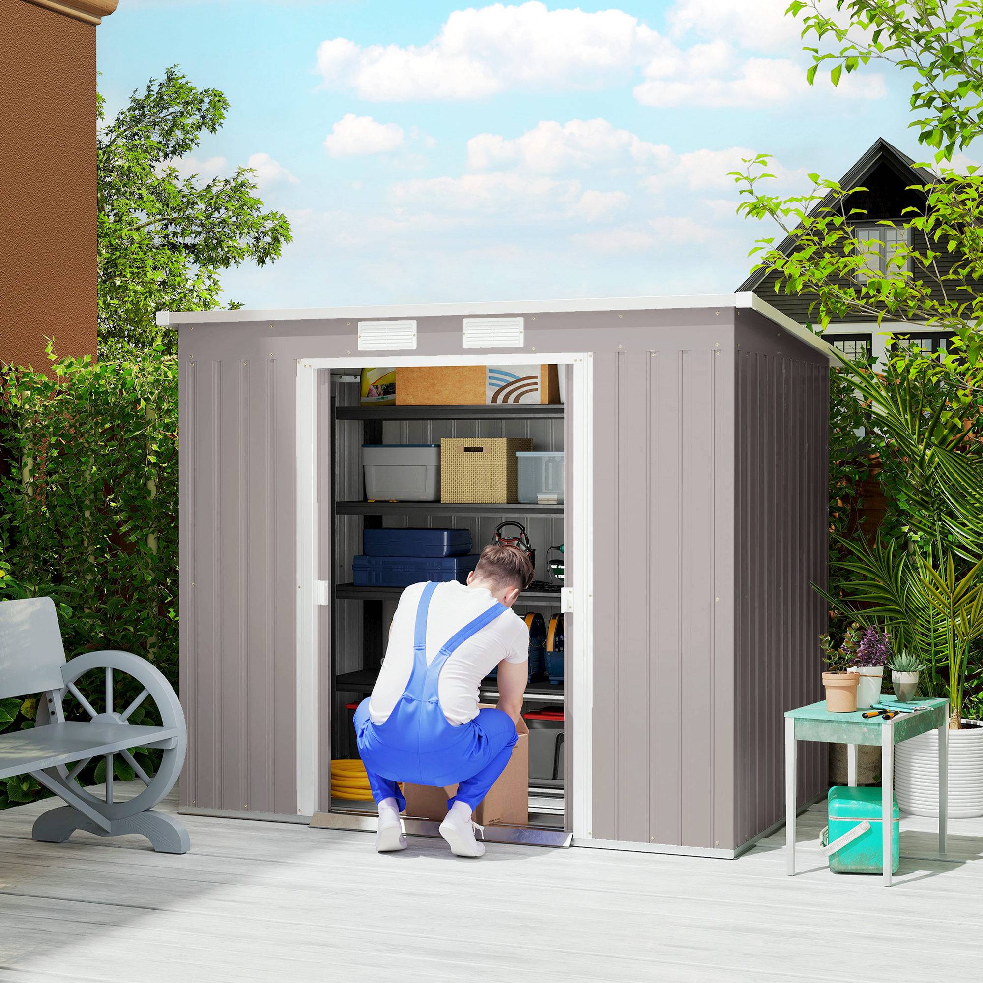 Abri de jardin acier galvanisé 213x130x172 cm gris clair avec fenêtres, ventilation et portes coulissantes - Image 3
