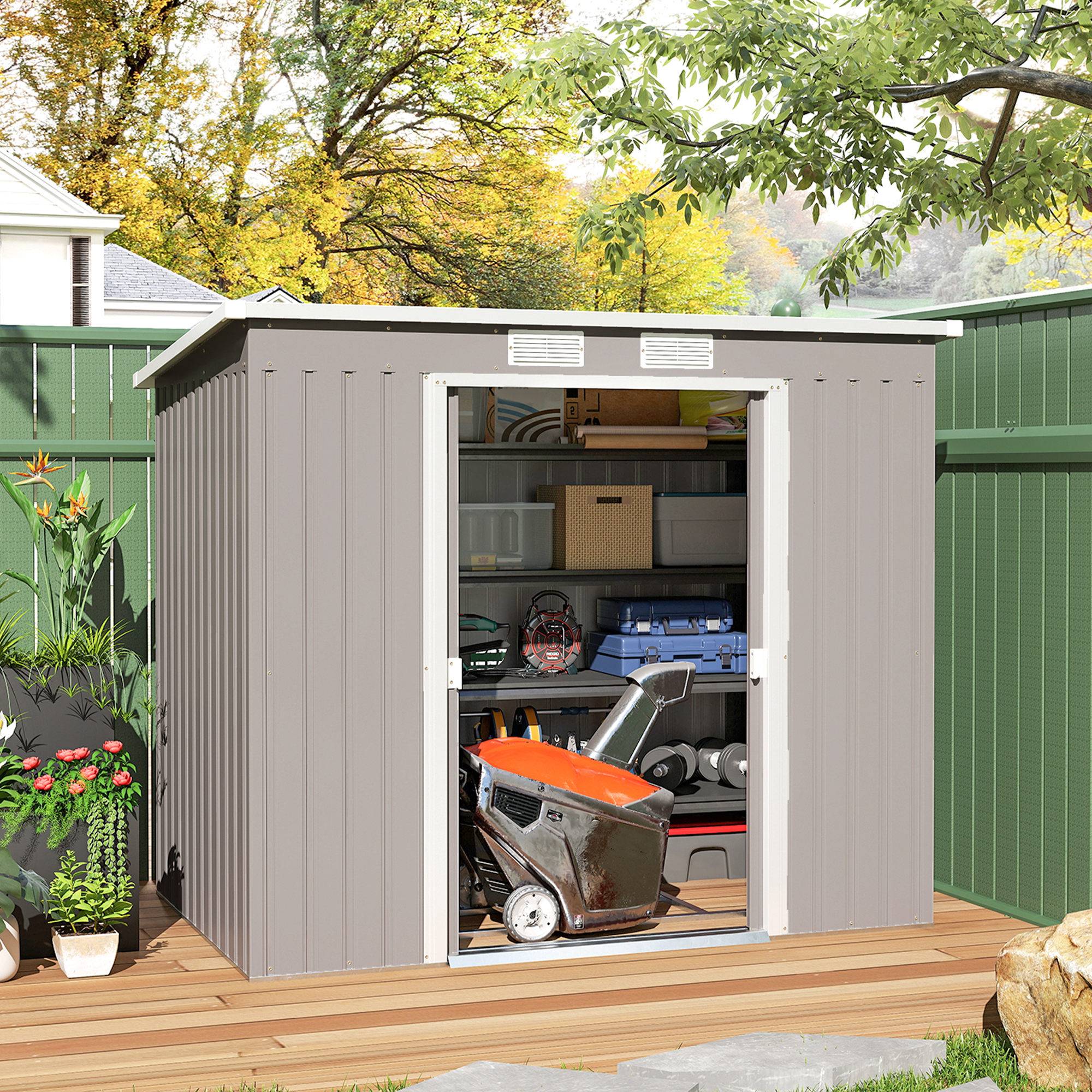 Abri de jardin acier galvanisé 213x130x172 cm gris clair avec fenêtres, ventilation et portes coulissantes - Image 4
