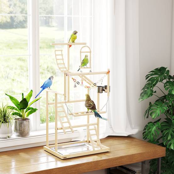 Sans Marque - Aire de jeux pour oiseaux, terrain de jeu pour perroquet, échelles, jouet à chaîne, plateau, 48x38x95cm, bois naturel - Image 4