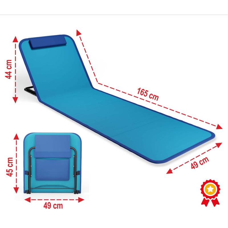 Transat de plage confortable Bleu 165cm dossier réglable et coussin pour la tête sac inclus - Image 2