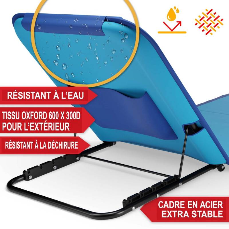 Transat de plage confortable Bleu 165cm dossier réglable et coussin pour la tête sac inclus - Image 6