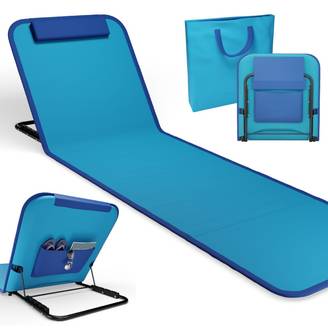 Transat de plage confortable Bleu 165cm dossier réglable et coussin pour la tête sac inclus